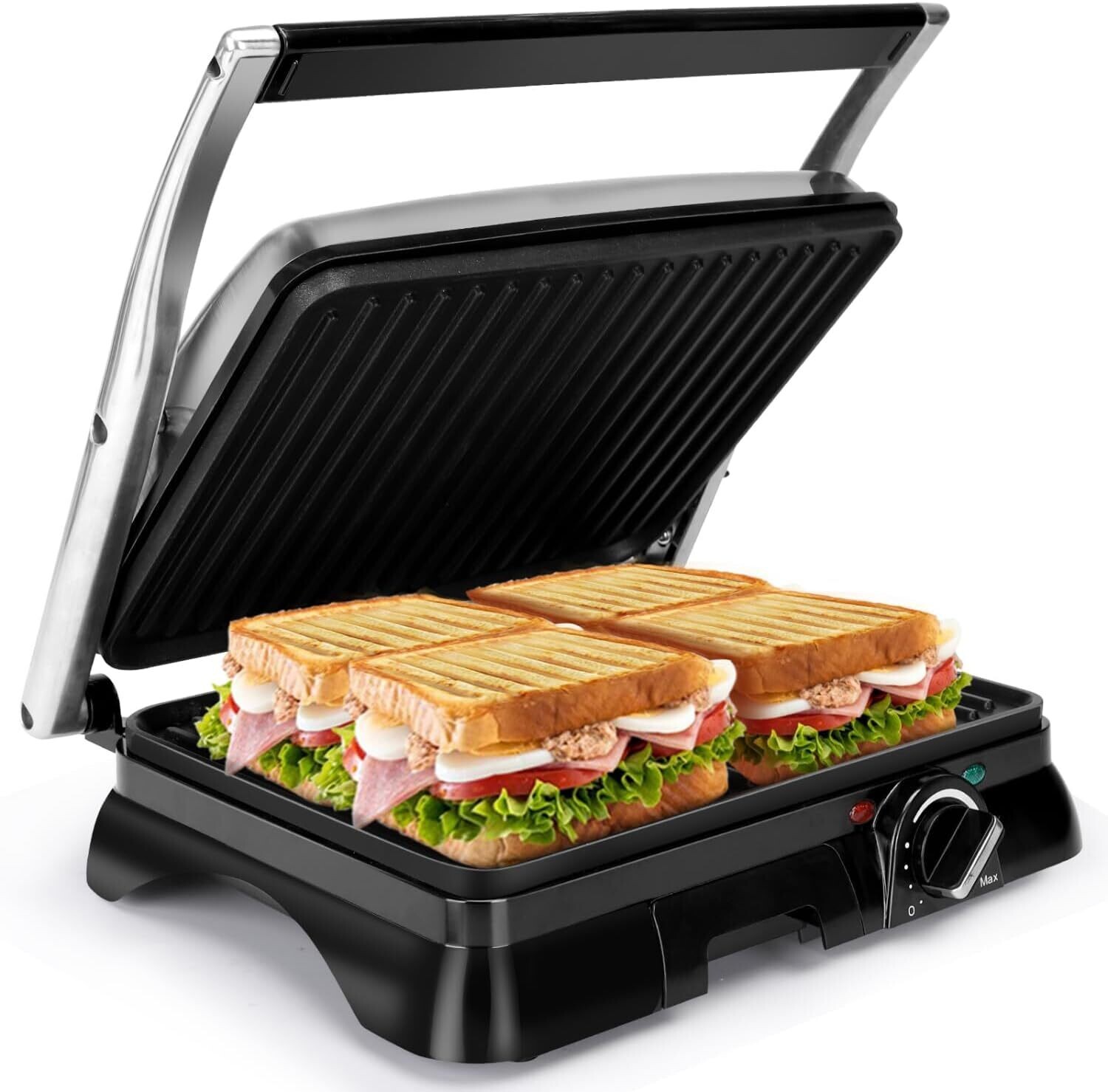 750-2000W Sandwich Toaster Maker - Flat Open Large Grill with Adjustable Temperature Control, Drip Tray, and Stainless Steel Design for Efficient Cooking