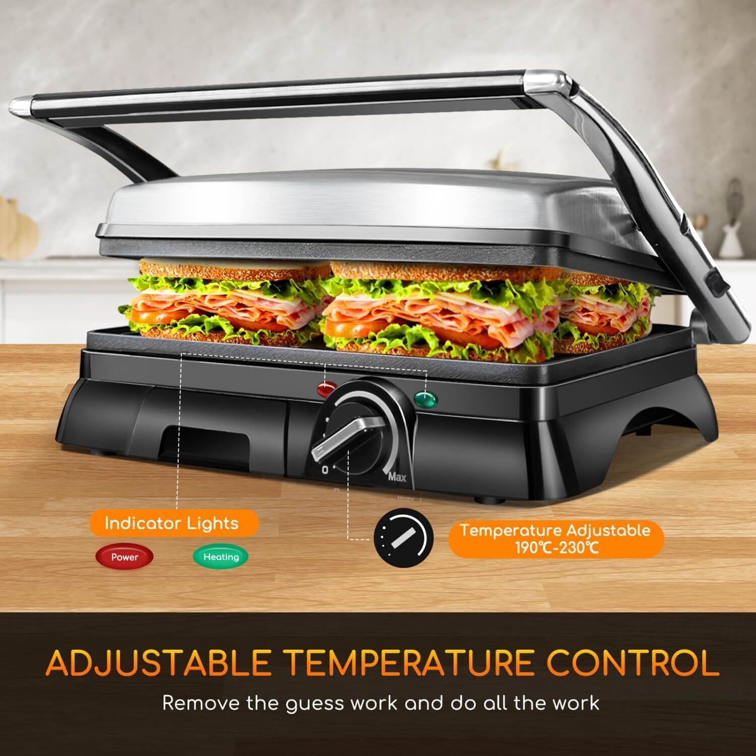 750-2000W Sandwich Toaster Maker - Flat Open Large Grill with Adjustable Temperature Control, Drip Tray, and Stainless Steel Design for Efficient Cooking