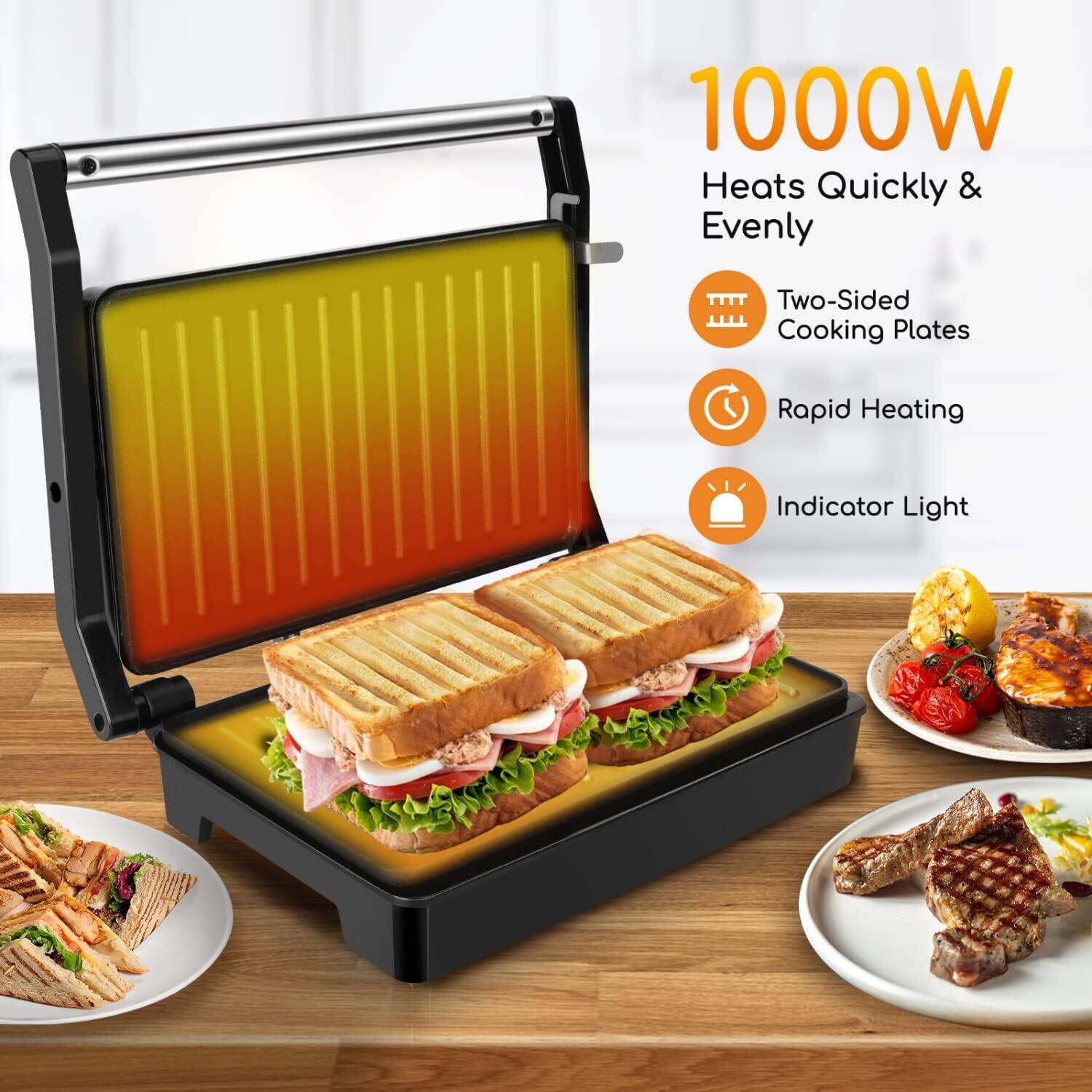 750-2000W Sandwich Toaster Maker - Flat Open Large Grill with Adjustable Temperature Control, Drip Tray, and Stainless Steel Design for Efficient Cooking