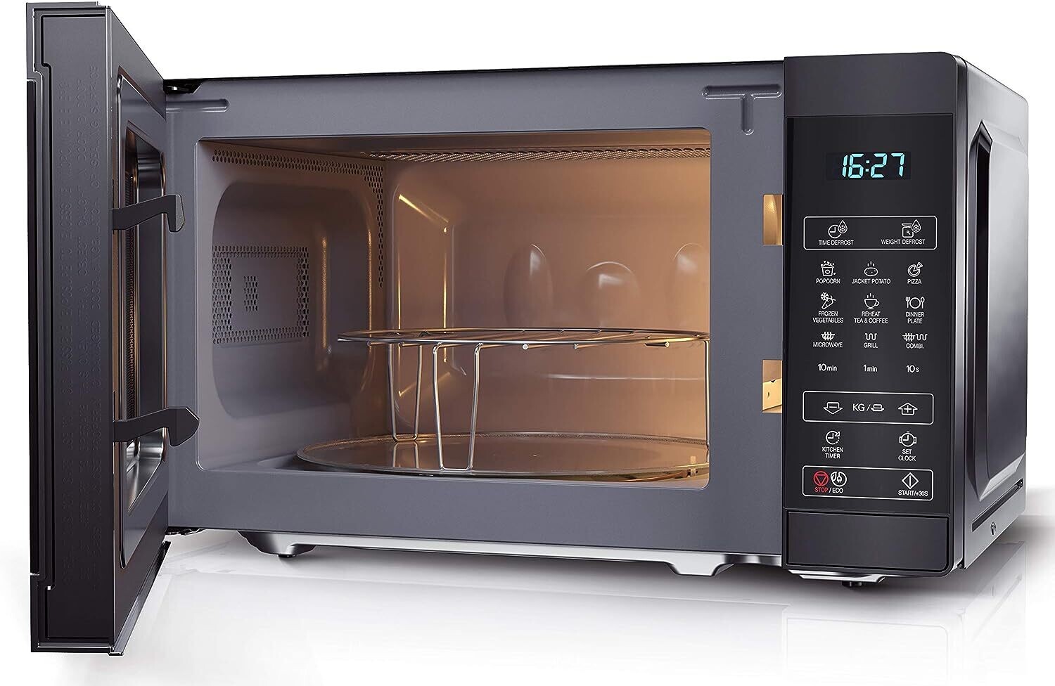 Digital Microwave with 1000W Grill, 11 Power Levels, ECO Mode, Defrost Function, and LED Cavity Light – Efficient Cooking and Heating for Home Use