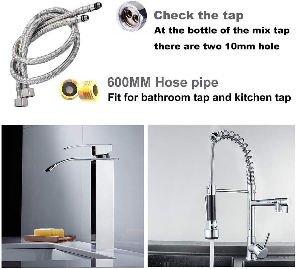 Two (2) Pack of Kitchen/Basin Monobloc Mixer Tap Connectors Flexi Pipes Tails (Silver Pipes)