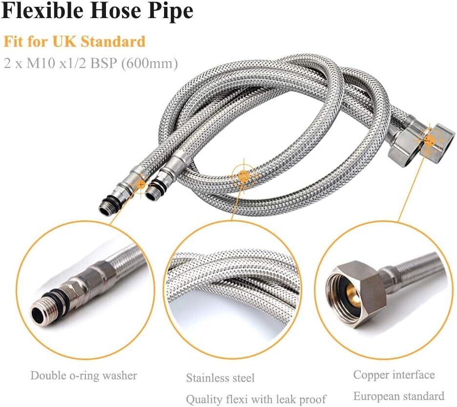 Two (2) Pack of Kitchen/Basin Monobloc Mixer Tap Connectors Flexi Pipes Tails (Silver Pipes)