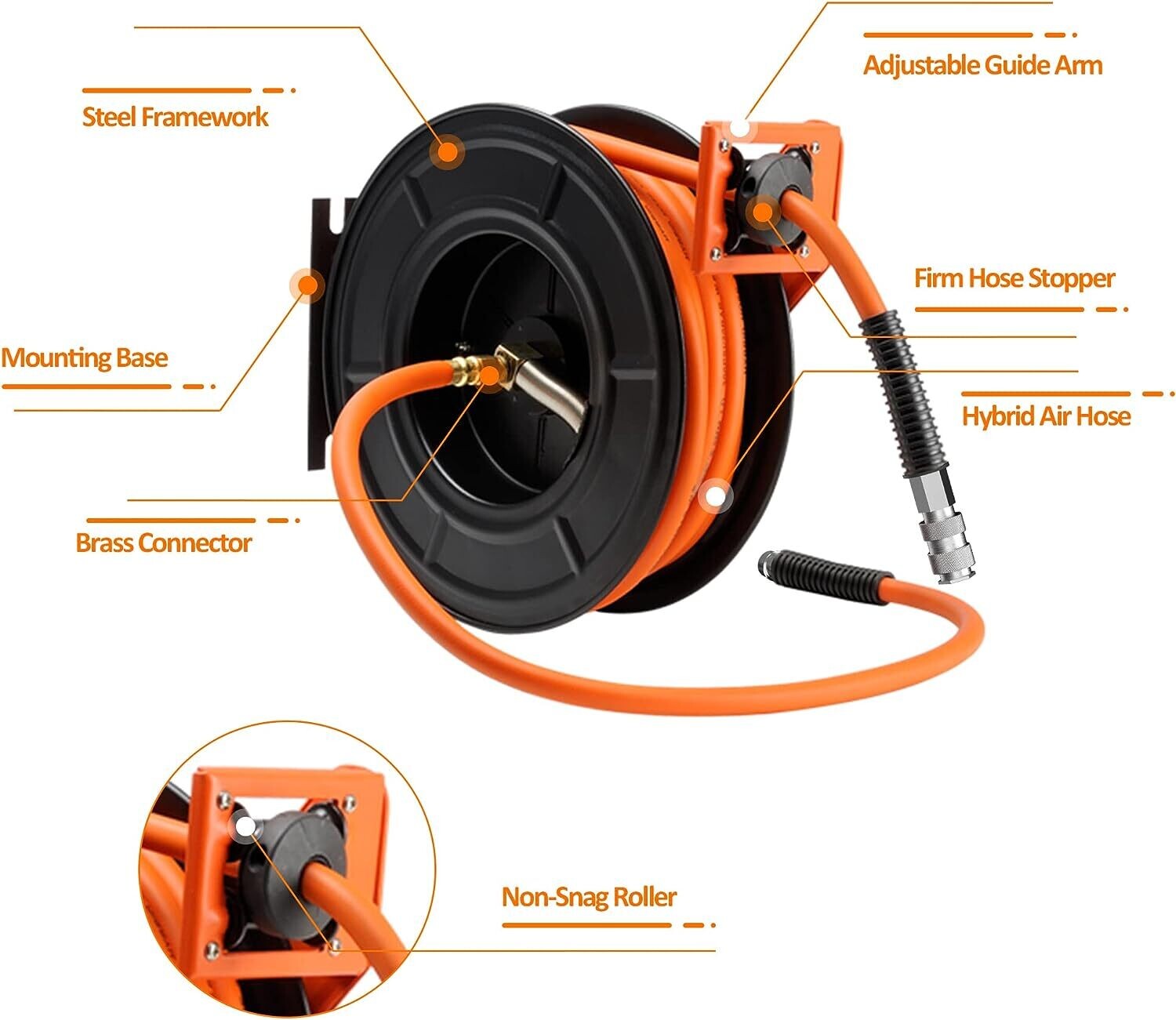 15m Retractable Air Line Reel + 1m Extension, Wall-Mounted 3/8&quot; Hybrid Hose Reel, Heavy-Duty Steel Pneumatic Reel with 1/4&quot; Quick Coupler for Efficient Air Tool Use