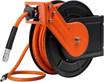 15m Retractable Air Line Reel + 1m Extension, Wall-Mounted 3/8&quot; Hybrid Hose Reel, Heavy-Duty Steel Pneumatic Reel with 1/4&quot; Quick Coupler for Efficient Air Tool Use