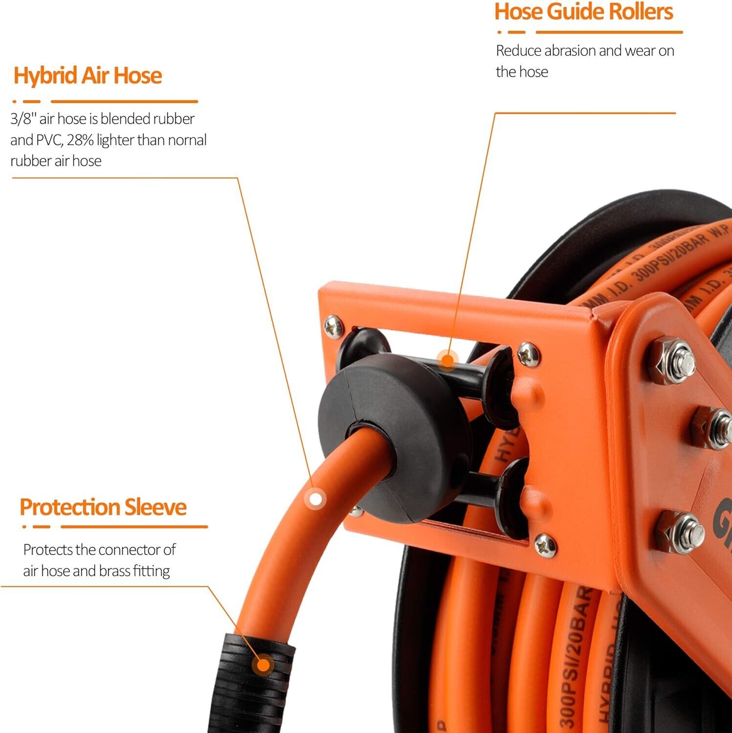 15m Retractable Air Line Reel + 1m Extension, Wall-Mounted 3/8&quot; Hybrid Hose Reel, Heavy-Duty Steel Pneumatic Reel with 1/4&quot; Quick Coupler for Efficient Air Tool Use