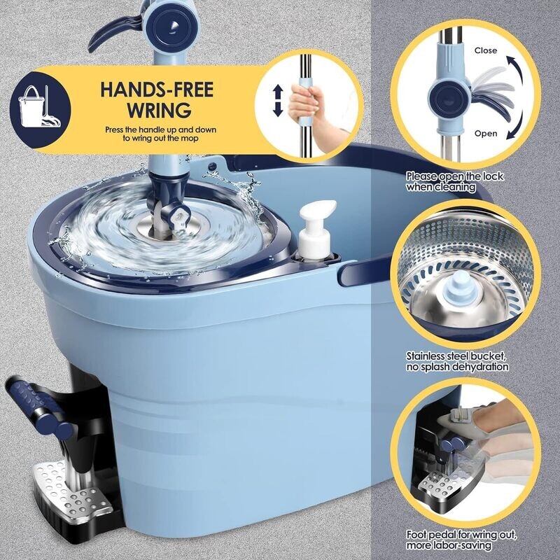 6L Foot Pedal Mop Bucket, 145cm Stainless Steel Handle, 5 Microfiber Mop Heads, 5 Cleaning Cloths