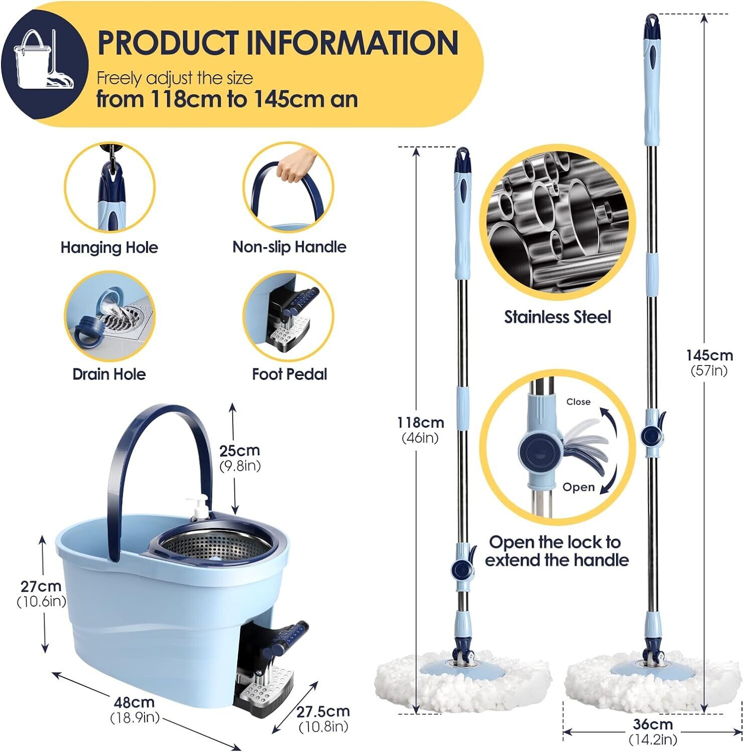 6L Foot Pedal Mop Bucket, 145cm Stainless Steel Handle, 5 Microfiber Mop Heads, 5 Cleaning Cloths