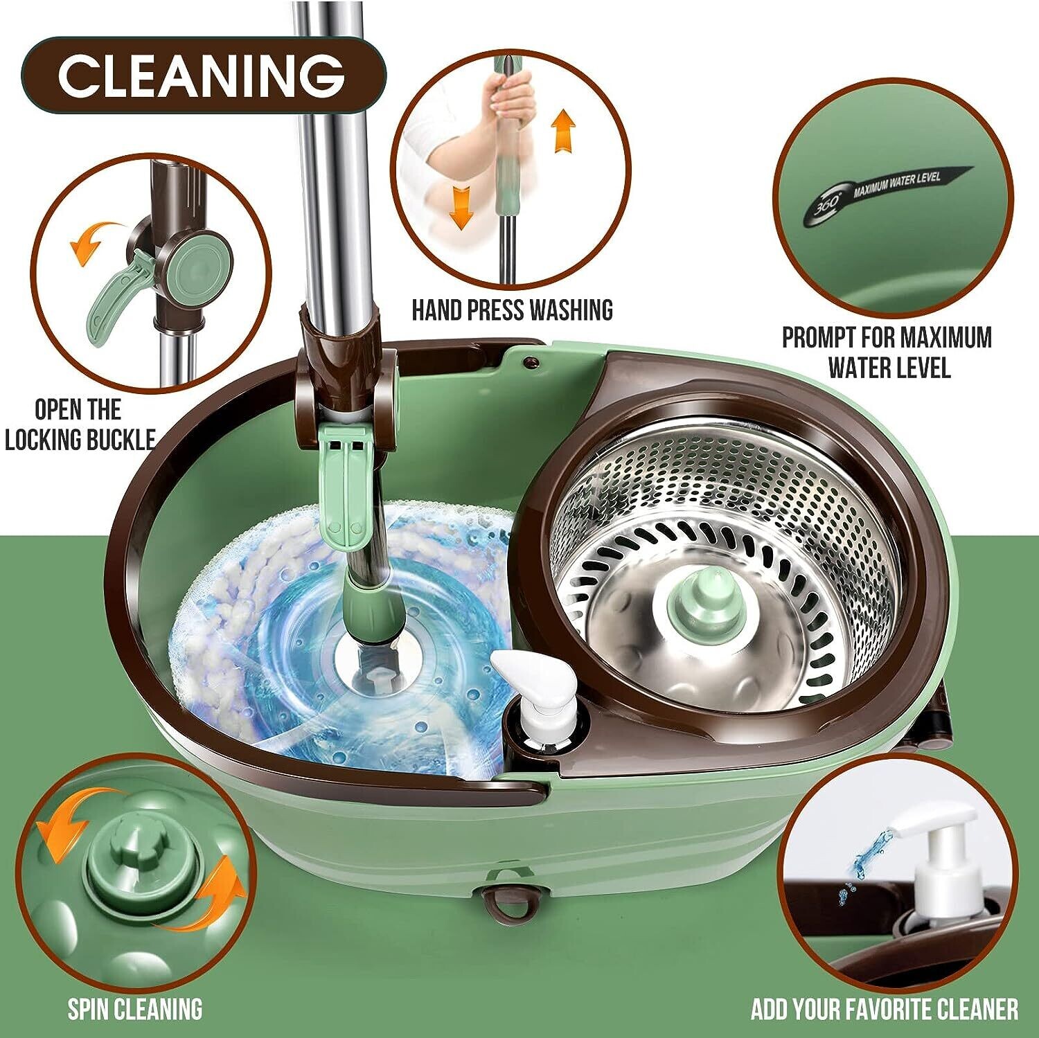6L Foot Pedal Mop Bucket, 145cm Stainless Steel Handle, 5 Microfiber Mop Heads, 5 Cleaning Cloths