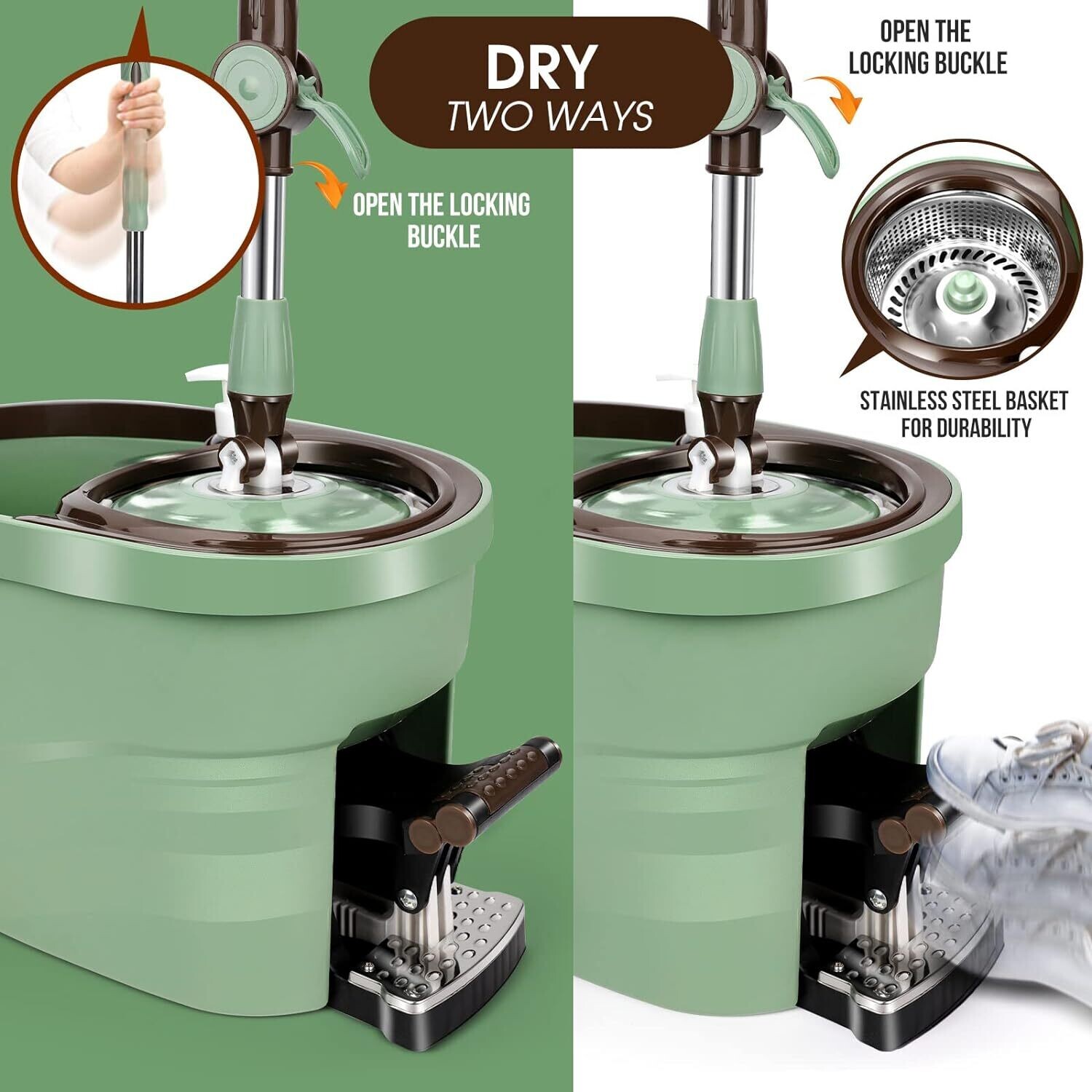 6L Foot Pedal Mop Bucket, 145cm Stainless Steel Handle, 5 Microfiber Mop Heads, 5 Cleaning Cloths