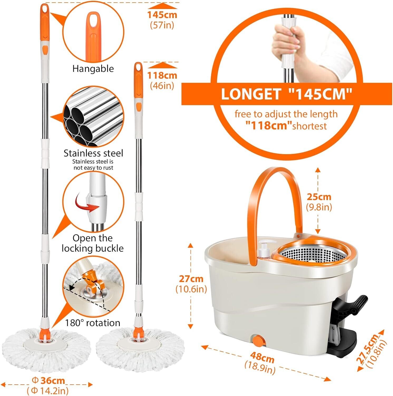 6L Foot Pedal Mop Bucket, 145cm Stainless Steel Handle, 5 Microfiber Mop Heads, 5 Cleaning Cloths