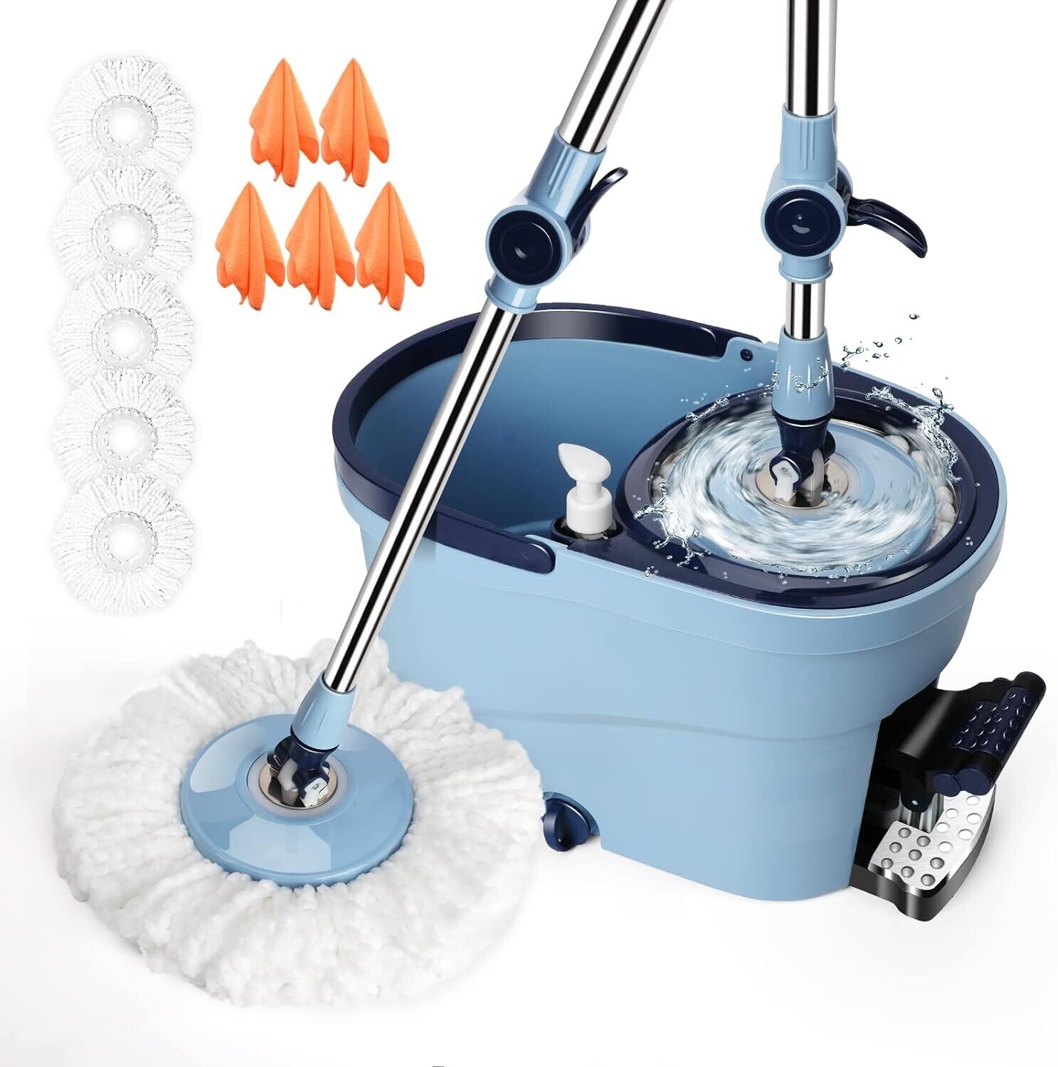 6L Foot Pedal Mop Bucket, 145cm Stainless Steel Handle, 5 Microfiber Mop Heads, 5 Cleaning Cloths, Colour Name:: Blue Mop and Bucket