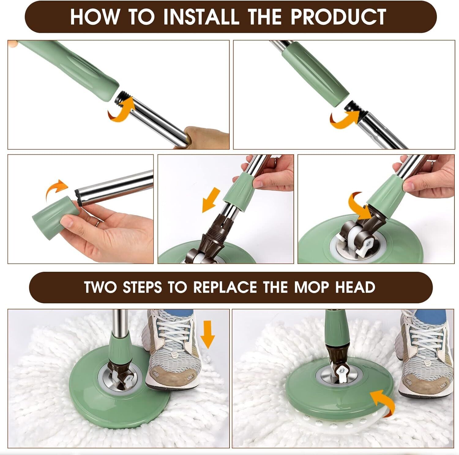 6L Foot Pedal Mop Bucket, 145cm Stainless Steel Handle, 5 Microfiber Mop Heads, 5 Cleaning Cloths