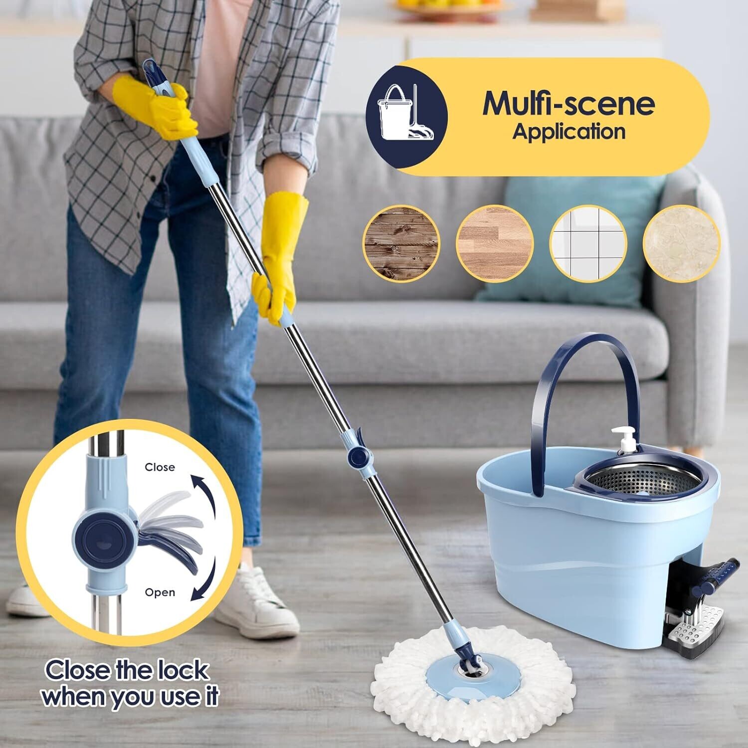 6L Foot Pedal Mop Bucket, 145cm Stainless Steel Handle, 5 Microfiber Mop Heads, 5 Cleaning Cloths