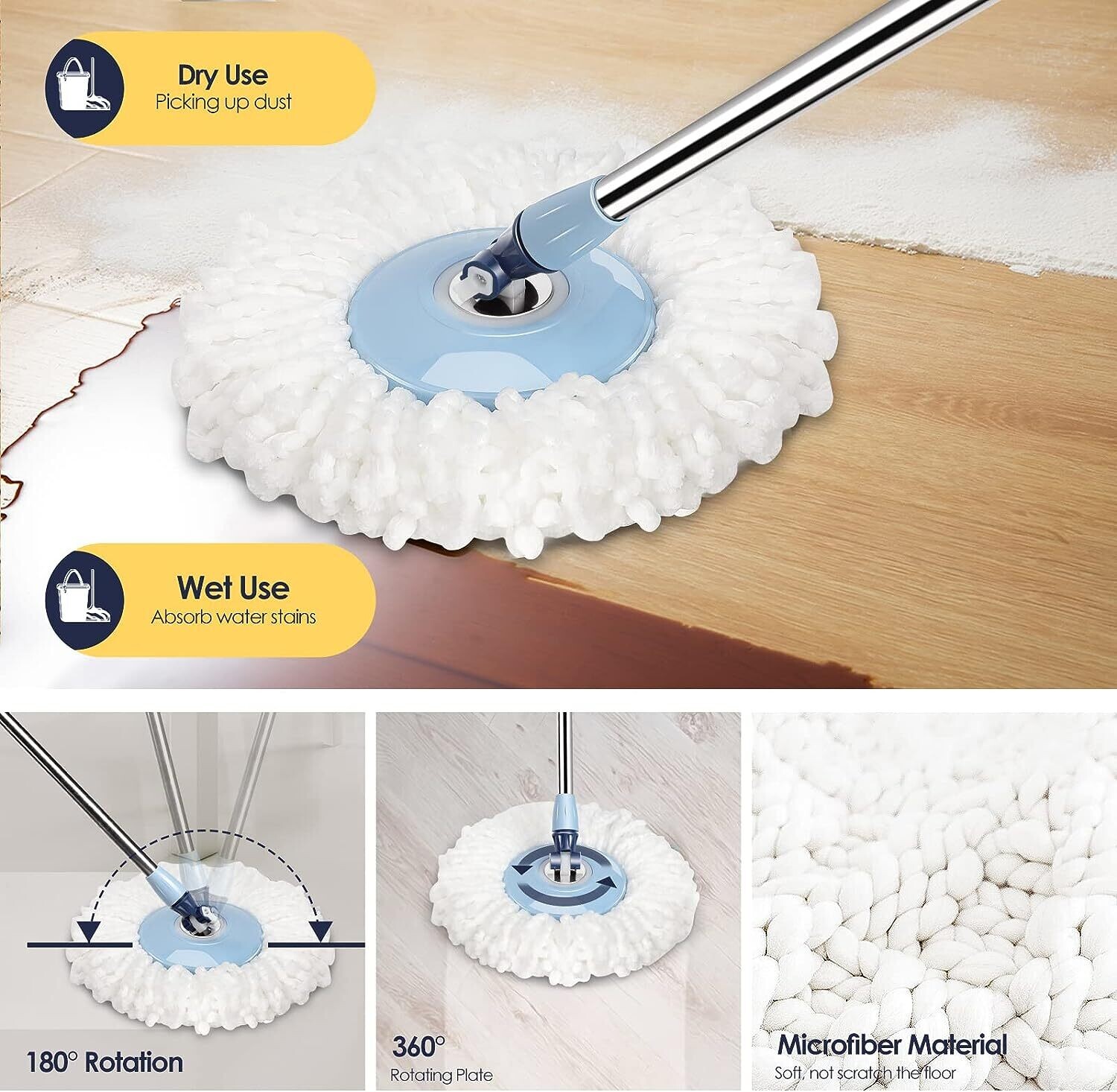 6L Foot Pedal Mop Bucket, 145cm Stainless Steel Handle, 5 Microfiber Mop Heads, 5 Cleaning Cloths