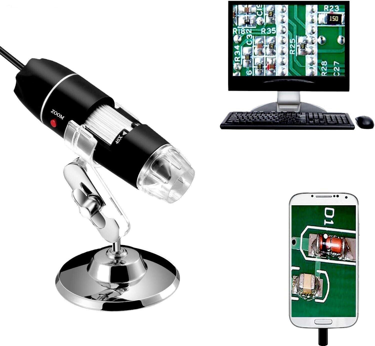 Magnification Endoscope, 8 LED USB 2.0 Digital Microscope, Mini Camera with OTG Adapter and Metal Stand, Compatible with Mac Window 7 8 10 11 Android Linux