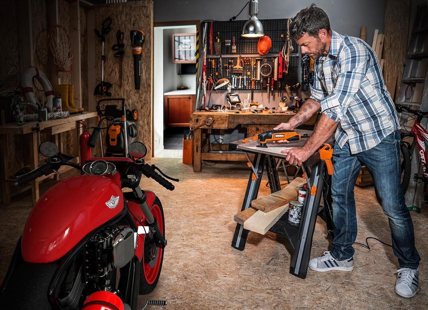 Multi-Use Work Table and Sawhorse with Quick Clamps and Holding Pegs