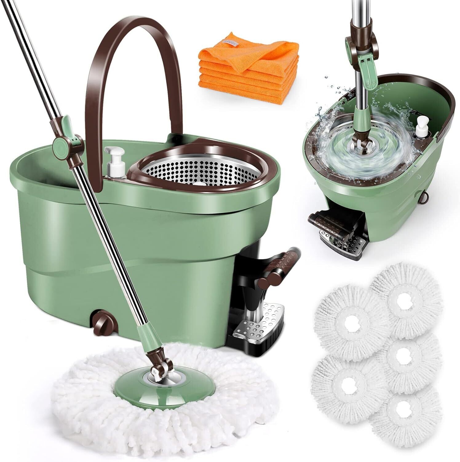 6L Foot Pedal Mop Bucket, 145cm Stainless Steel Handle, 5 Microfiber Mop Heads, 5 Cleaning Cloths