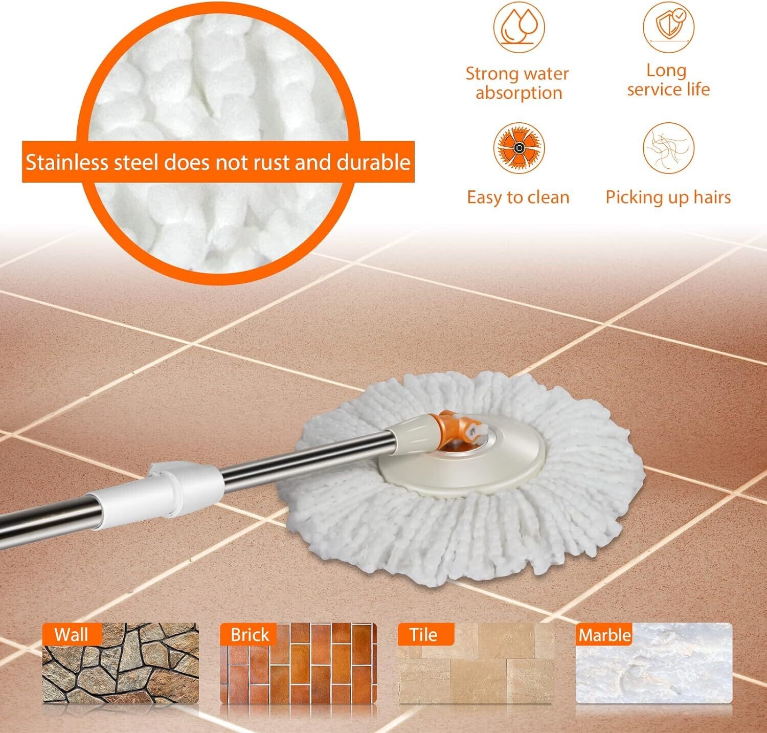 6L Foot Pedal Mop Bucket, 145cm Stainless Steel Handle, 5 Microfiber Mop Heads, 5 Cleaning Cloths