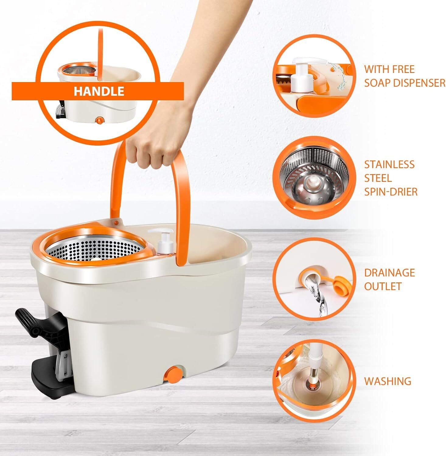 6L Foot Pedal Mop Bucket, 145cm Stainless Steel Handle, 5 Microfiber Mop Heads, 5 Cleaning Cloths