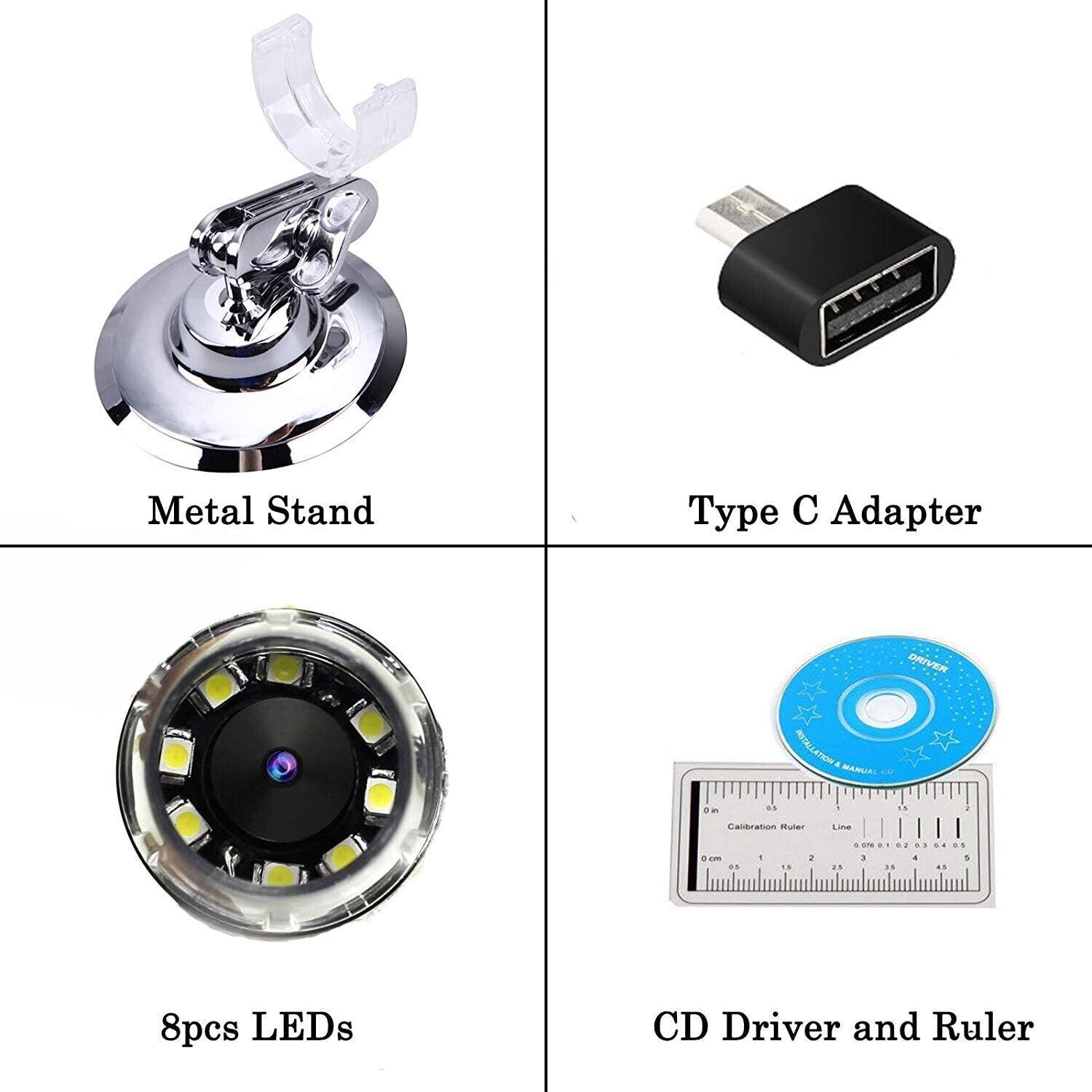 Magnification Endoscope, 8 LED USB 2.0 Digital Microscope, Mini Camera with OTG Adapter and Metal Stand, Compatible with Mac Window 7 8 10 11 Android Linux