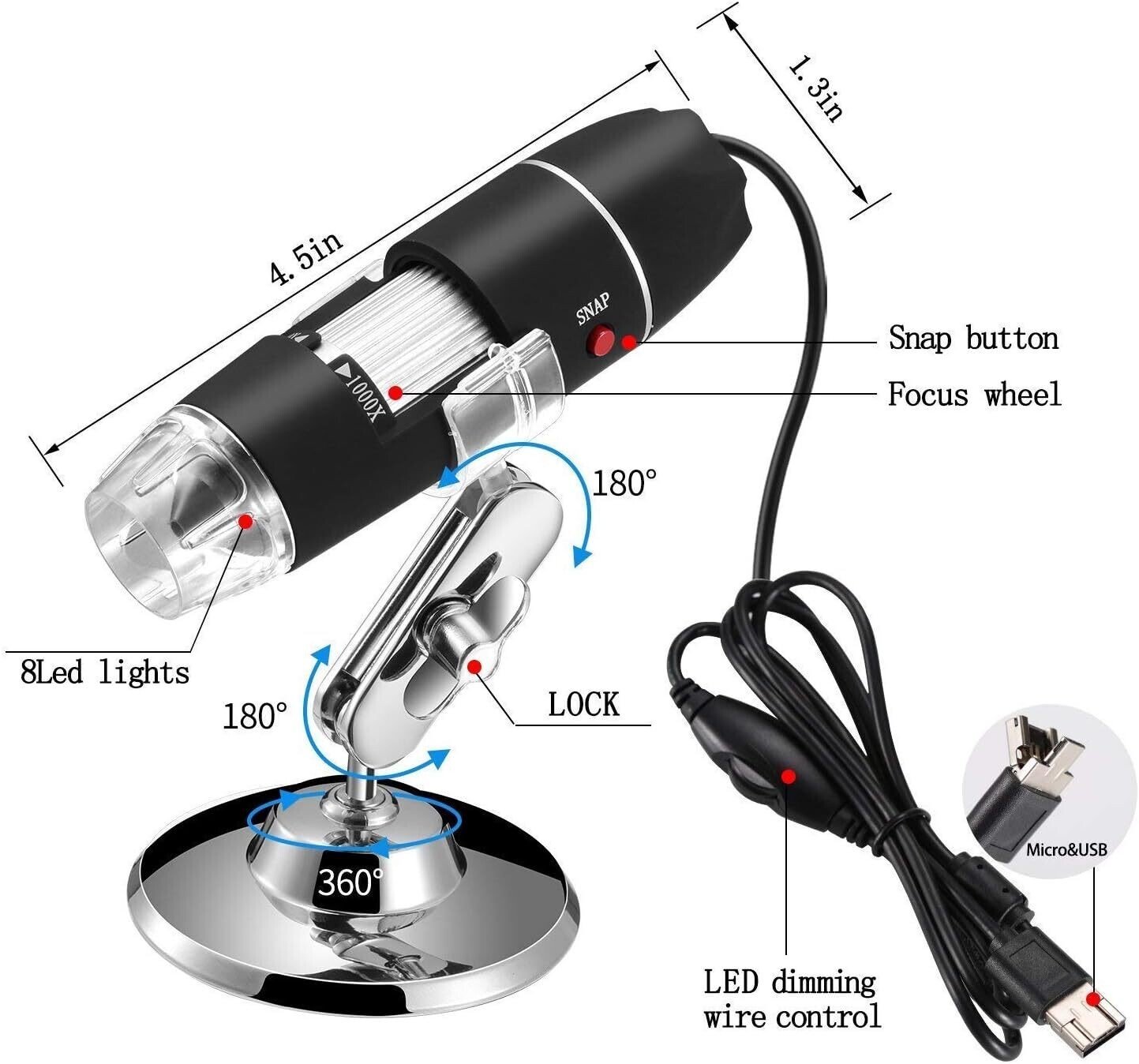 Magnification Endoscope, 8 LED USB 2.0 Digital Microscope, Mini Camera with OTG Adapter and Metal Stand, Compatible with Mac Window 7 8 10 11 Android Linux