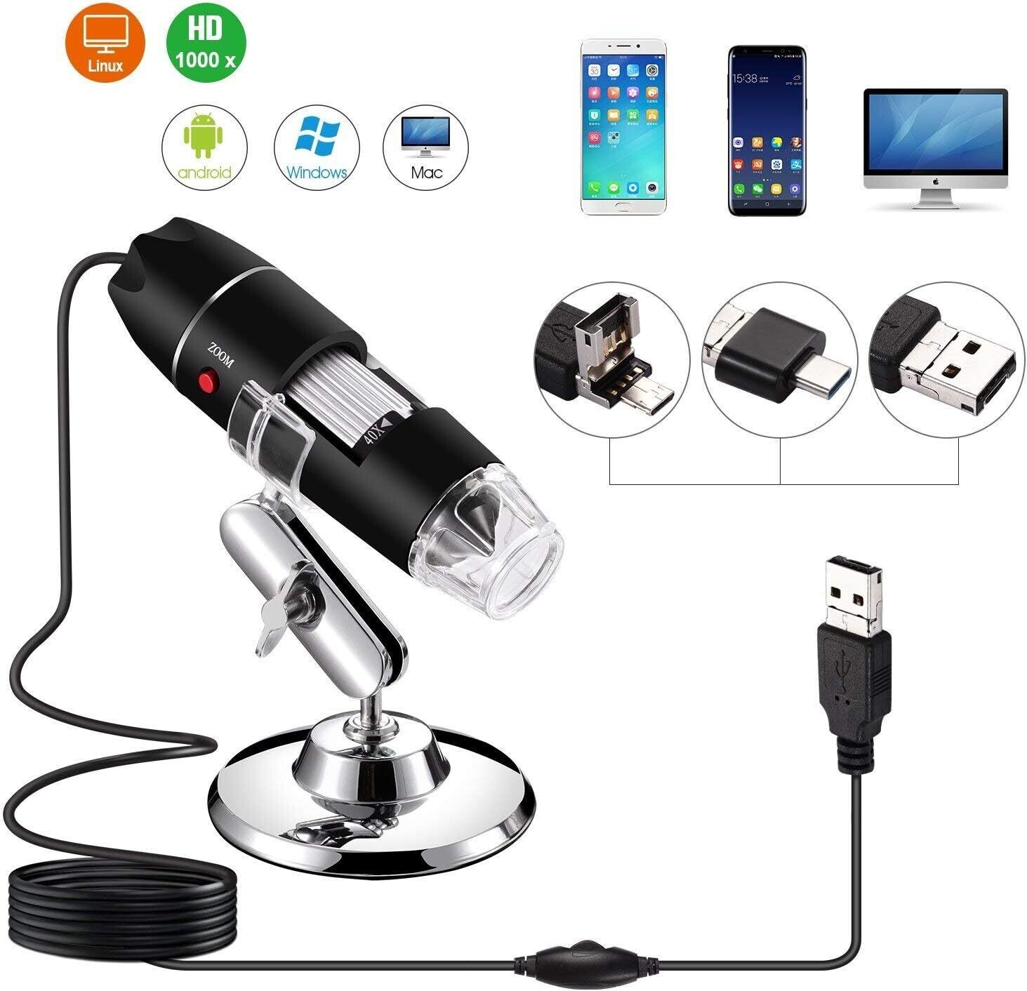 Magnification Endoscope, 8 LED USB 2.0 Digital Microscope, Mini Camera with OTG Adapter and Metal Stand, Compatible with Mac Window 7 8 10 11 Android Linux