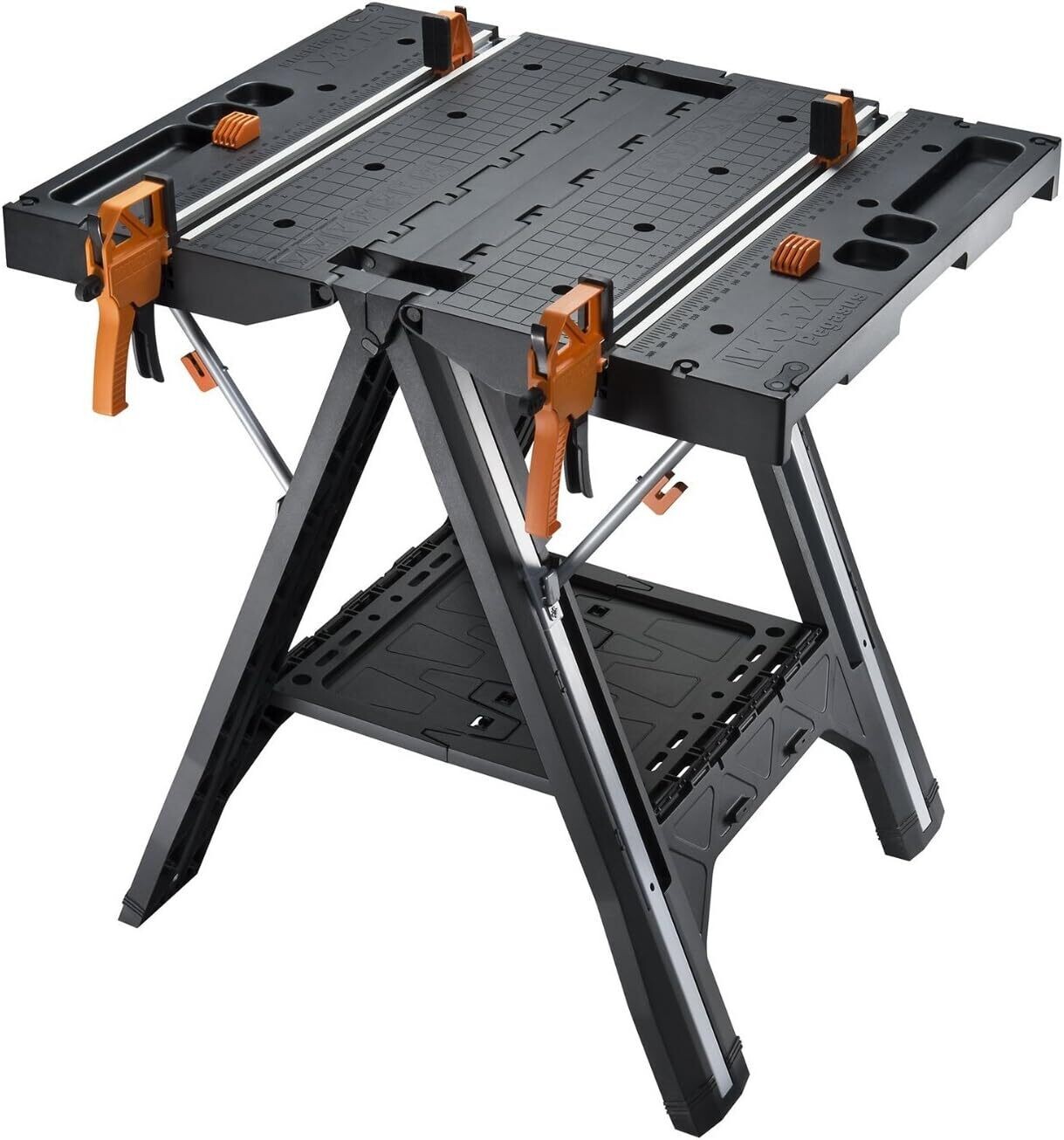 Multi-Use Work Table and Sawhorse with Quick Clamps and Holding Pegs