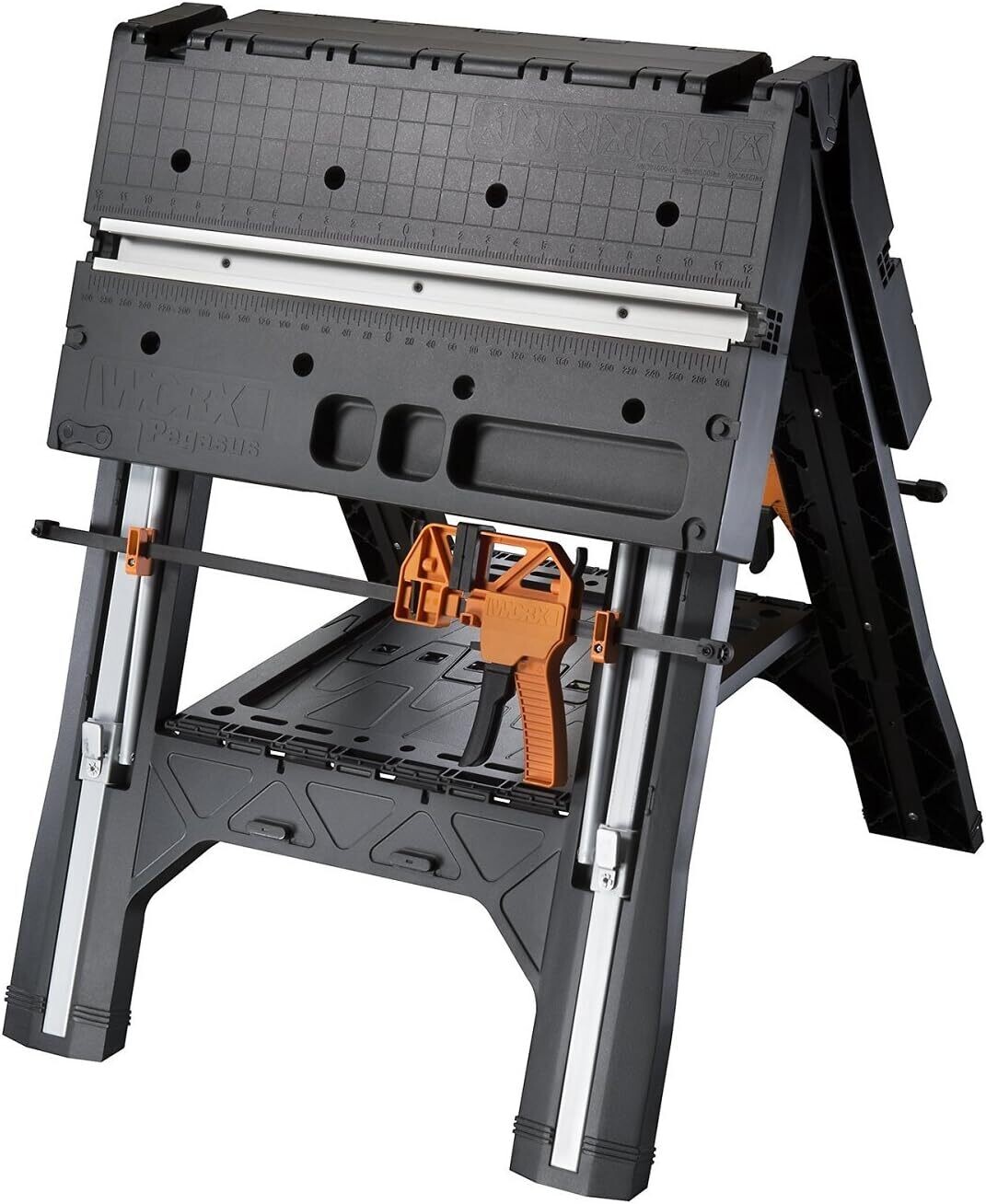 Multi-Use Work Table and Sawhorse with Quick Clamps and Holding Pegs