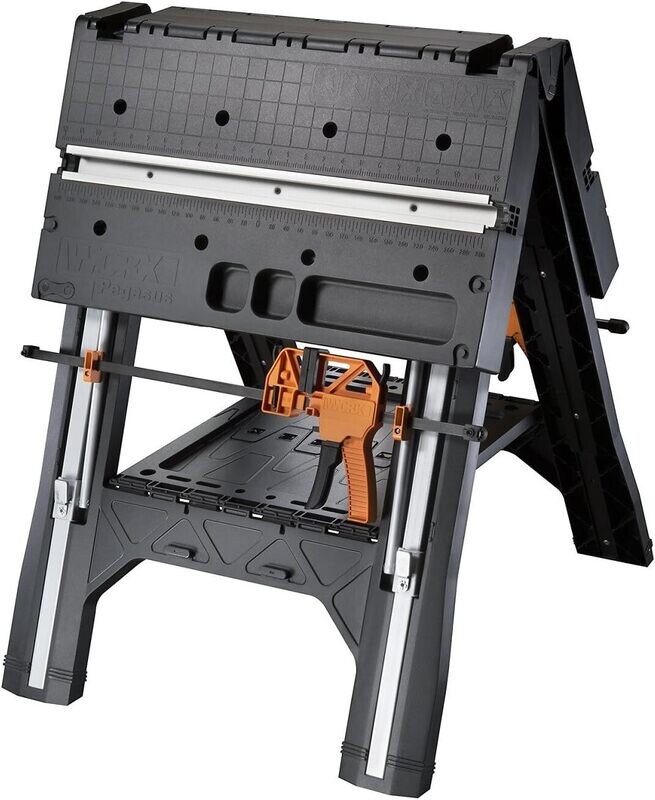 Multi-Use Work Table and Sawhorse with Quick Clamps and Holding Pegs