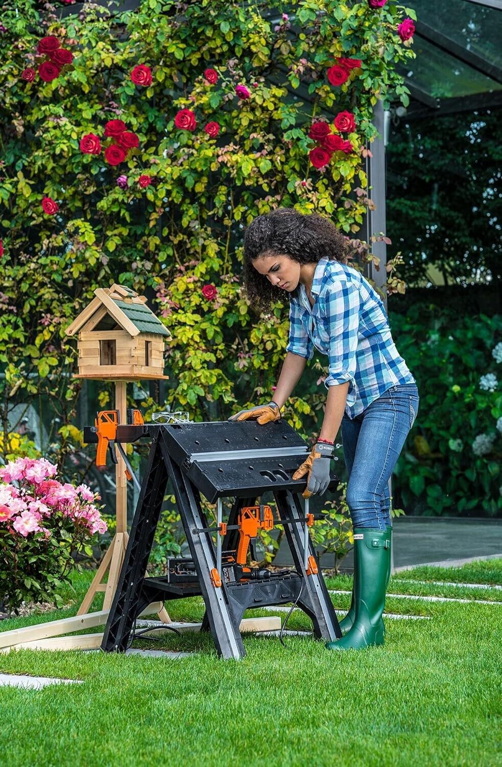 Multi-Use Work Table and Sawhorse with Quick Clamps and Holding Pegs
