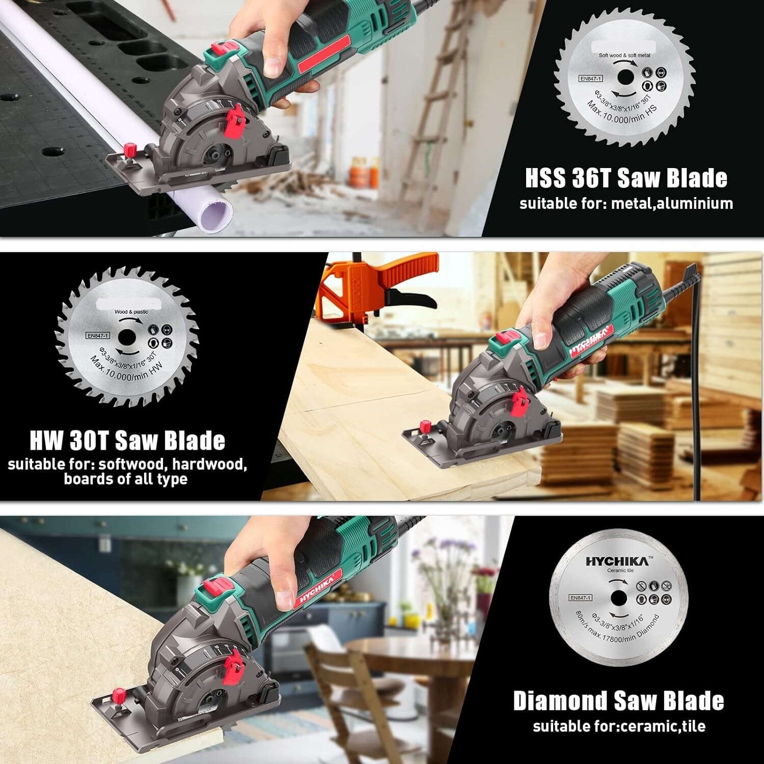 Mini Circular Saw, 4500RPM 500W Pure Copper Motor, 25mm Cutting Depth, 3 Saw Blades, Scale Ruler, Perfect for Wood, Soft Metal, Tile, and Plastic Cuts