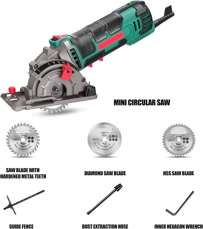 Mini Circular Saw, 4500RPM 500W Pure Copper Motor, 25mm Cutting Depth, 3 Saw Blades, Scale Ruler, Perfect for Wood, Soft Metal, Tile, and Plastic Cuts