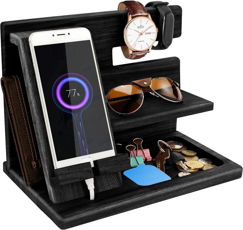 Dad Wood Bedside Phone Docking Station &amp; Organizer for Christmas Gift, Multi-Function Storage for Phones, Watches, and Accessories