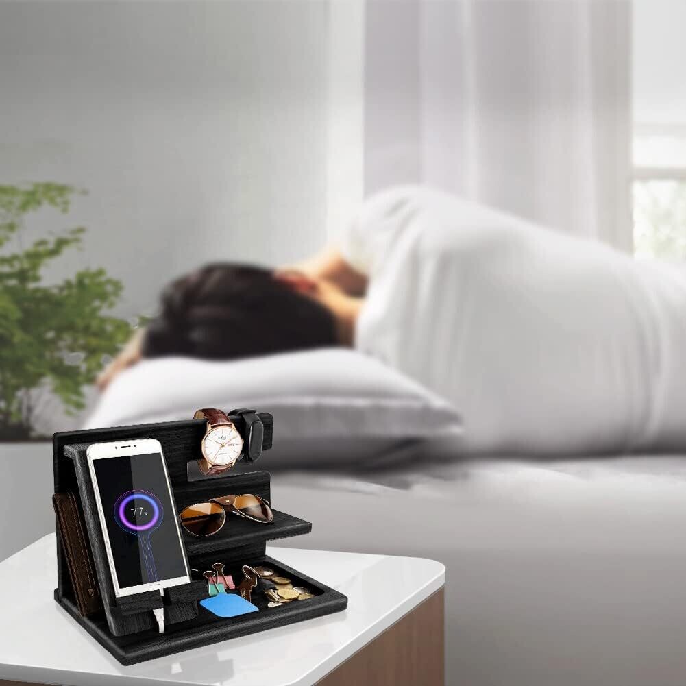 Dad Wood Bedside Phone Docking Station &amp; Organizer for Christmas Gift, Multi-Function Storage for Phones, Watches, and Accessories