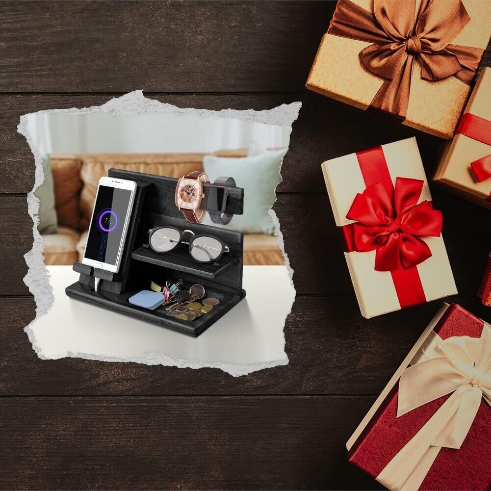 Dad Wood Bedside Phone Docking Station &amp; Organizer for Christmas Gift, Multi-Function Storage for Phones, Watches, and Accessories