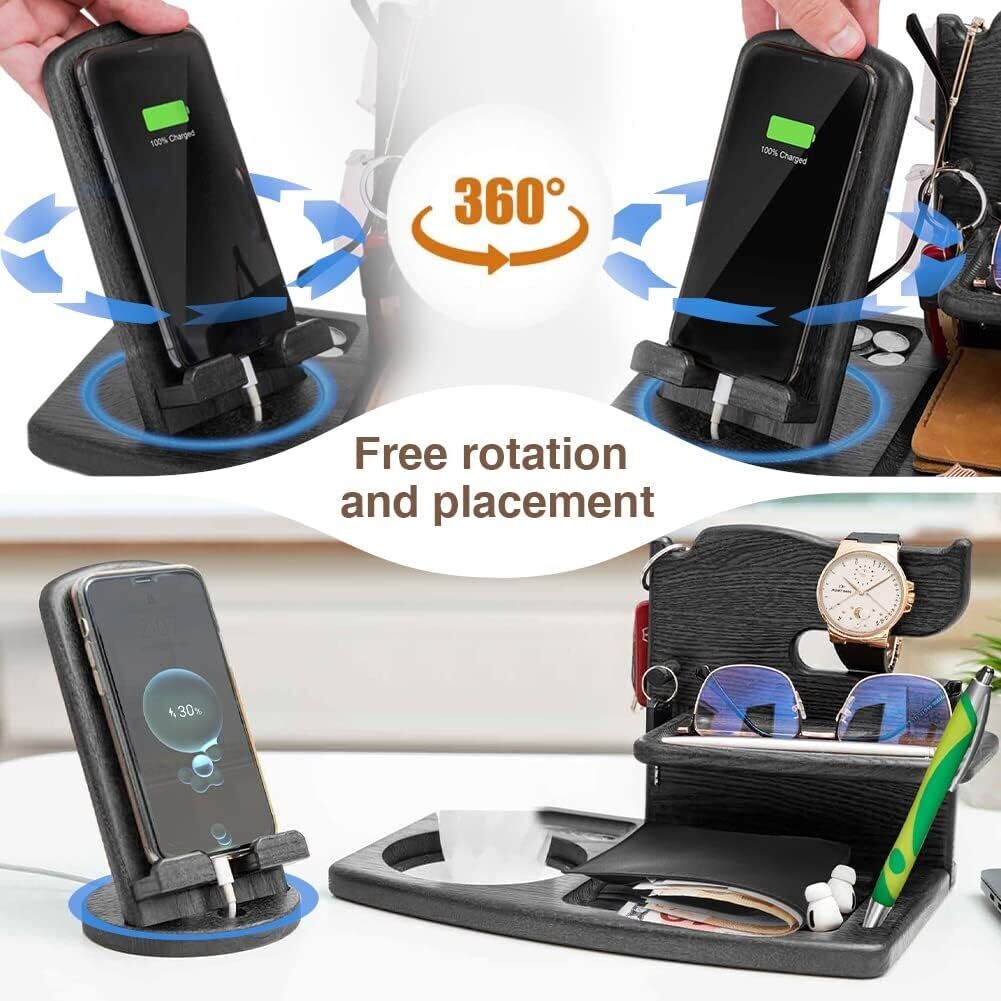 Dad Wood Bedside Phone Docking Station &amp; Organizer for Christmas Gift, Multi-Function Storage for Phones, Watches, and Accessories