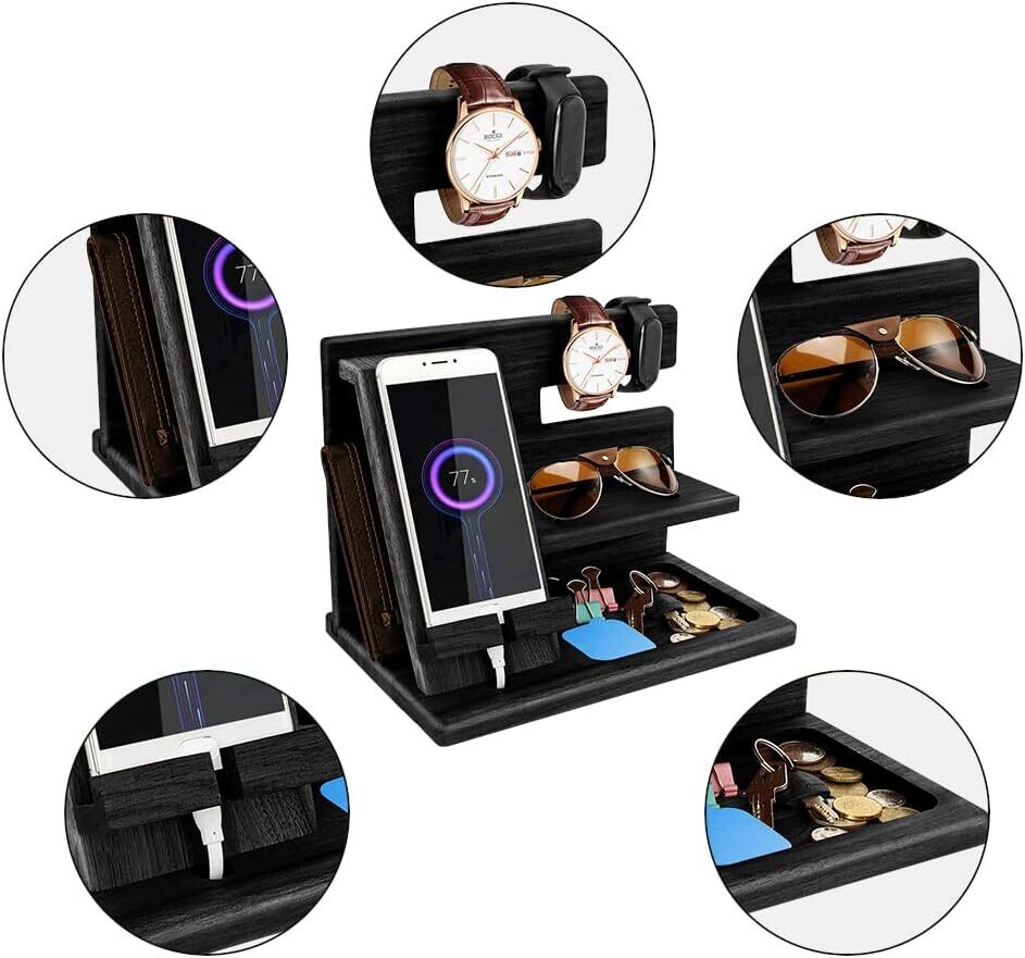 Dad Wood Bedside Phone Docking Station &amp; Organizer for Christmas Gift, Multi-Function Storage for Phones, Watches, and Accessories