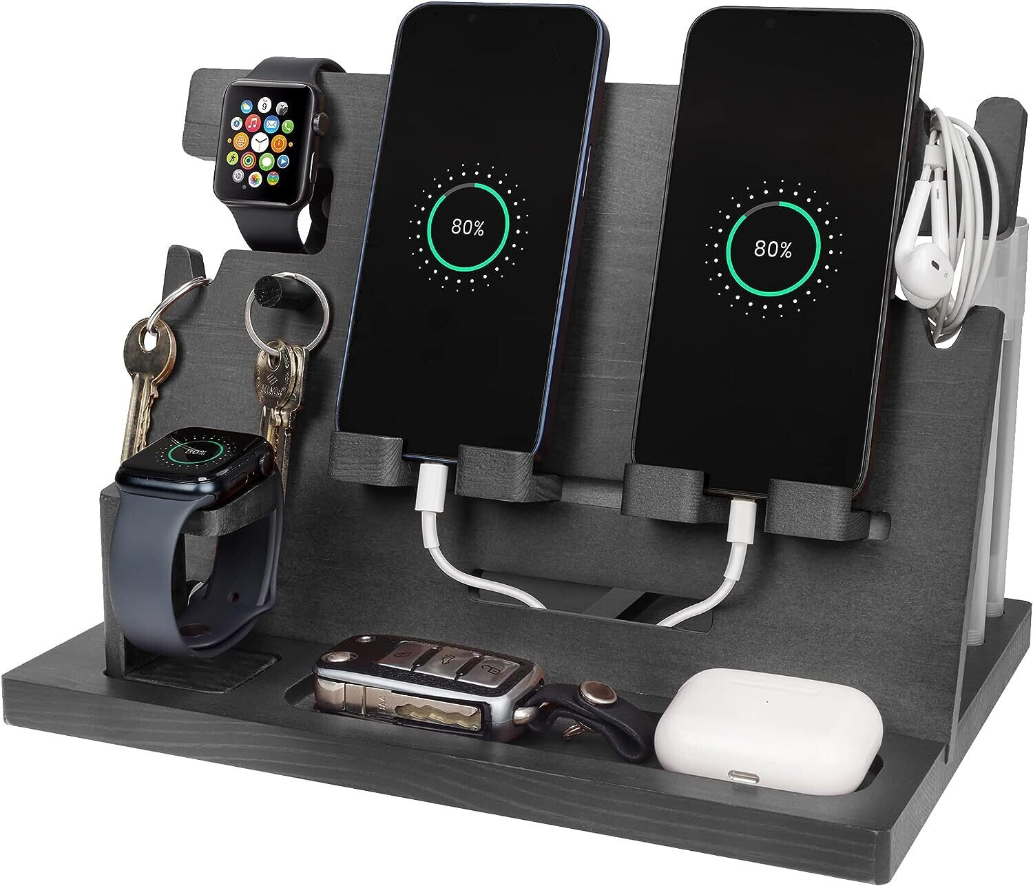 Dad Wood Bedside Phone Docking Station &amp; Organizer for Christmas Gift, Multi-Function Storage for Phones, Watches, and Accessories