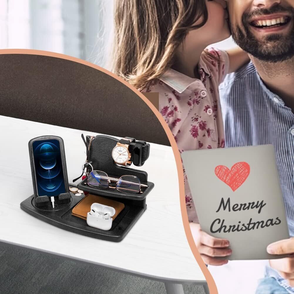 Dad Wood Bedside Phone Docking Station &amp; Organizer for Christmas Gift, Multi-Function Storage for Phones, Watches, and Accessories