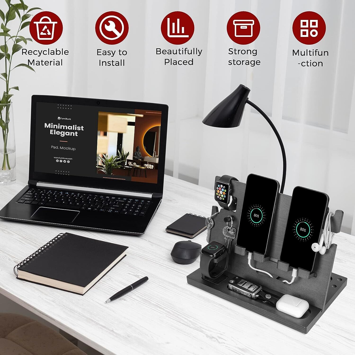 Dad Wood Bedside Phone Docking Station &amp; Organizer for Christmas Gift, Multi-Function Storage for Phones, Watches, and Accessories