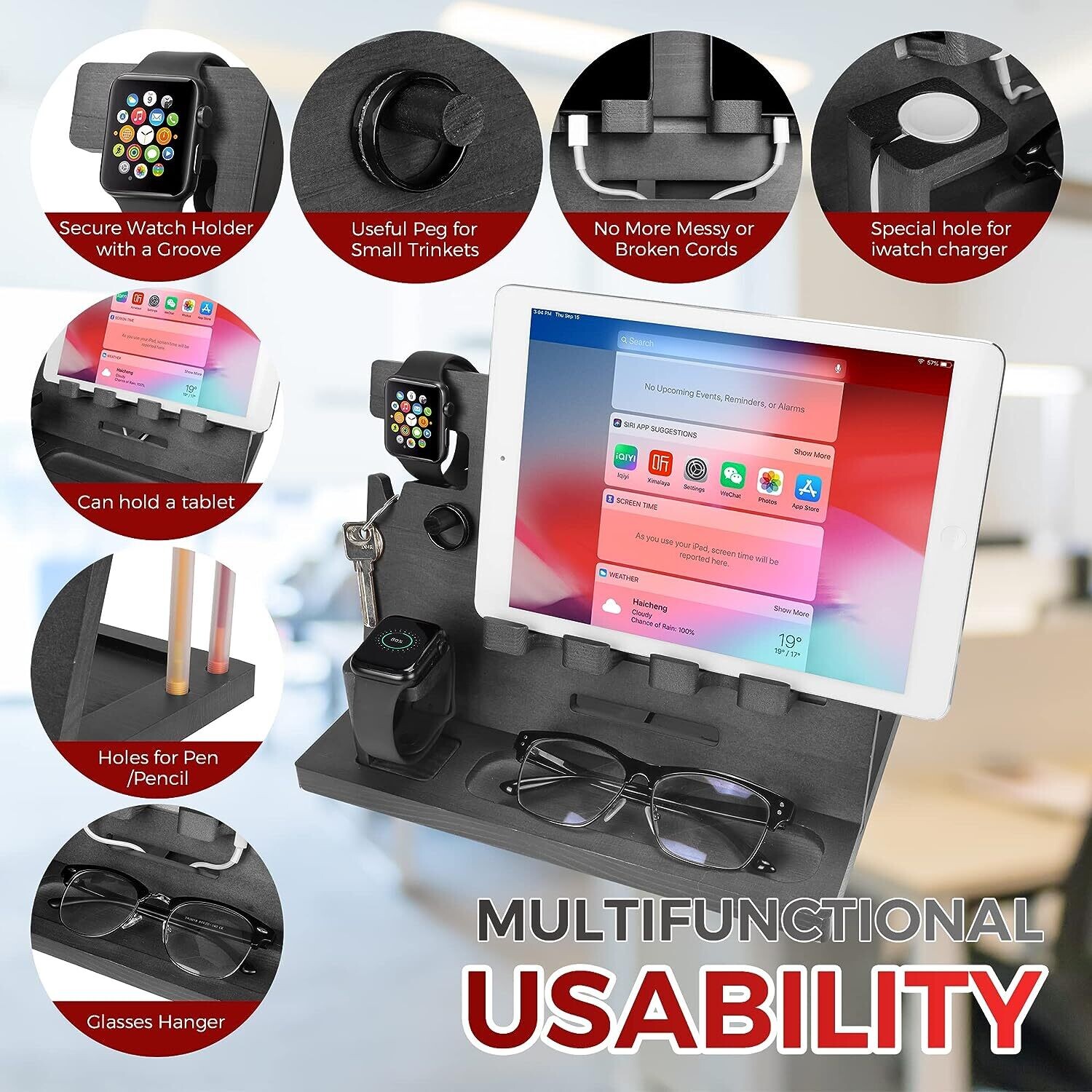 Dad Wood Bedside Phone Docking Station &amp; Organizer for Christmas Gift, Multi-Function Storage for Phones, Watches, and Accessories