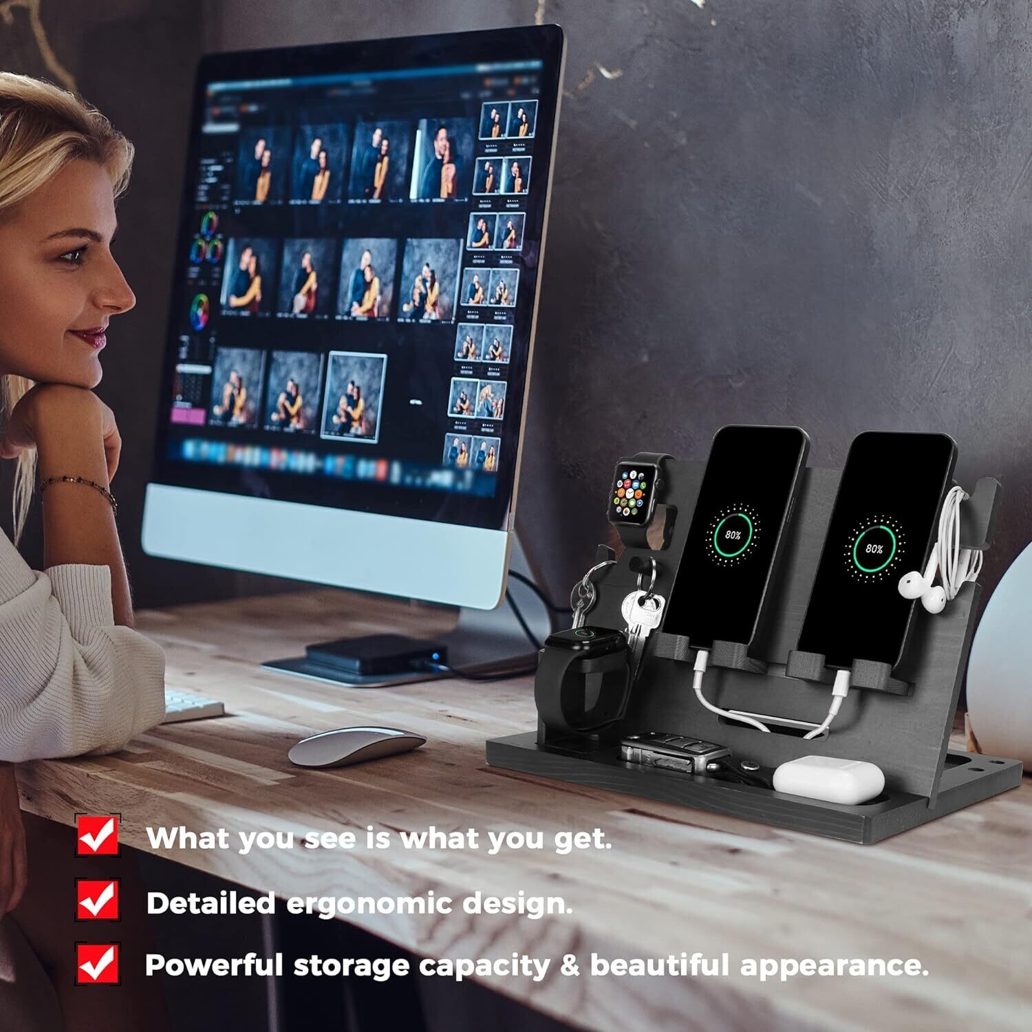 Dad Wood Bedside Phone Docking Station &amp; Organizer for Christmas Gift, Multi-Function Storage for Phones, Watches, and Accessories