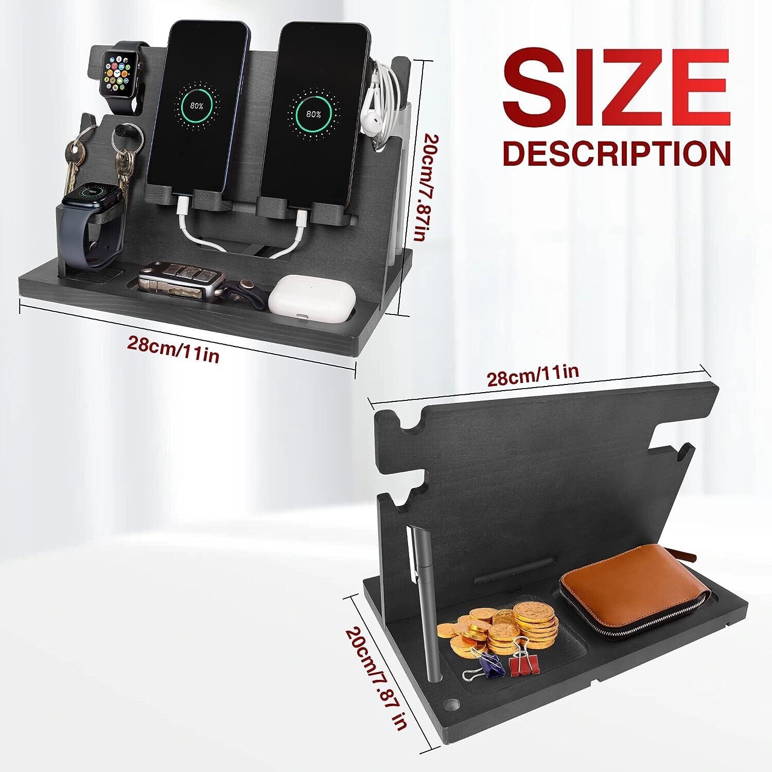 Dad Wood Bedside Phone Docking Station &amp; Organizer for Christmas Gift, Multi-Function Storage for Phones, Watches, and Accessories