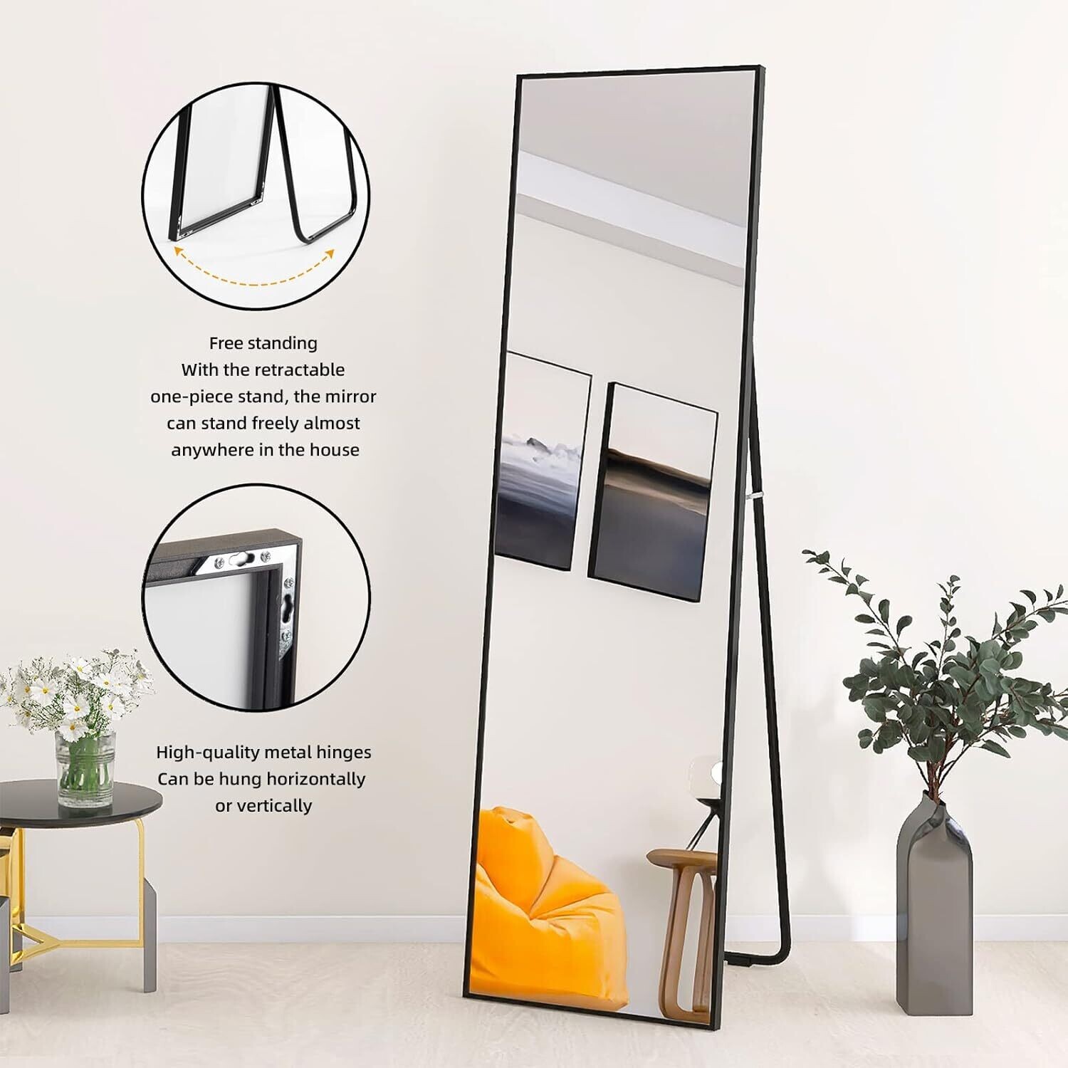 Free Standing Hanging or Leaning Large Floor Mirror with Aluminum Alloy Frame for Living Room and Bedroom Decor