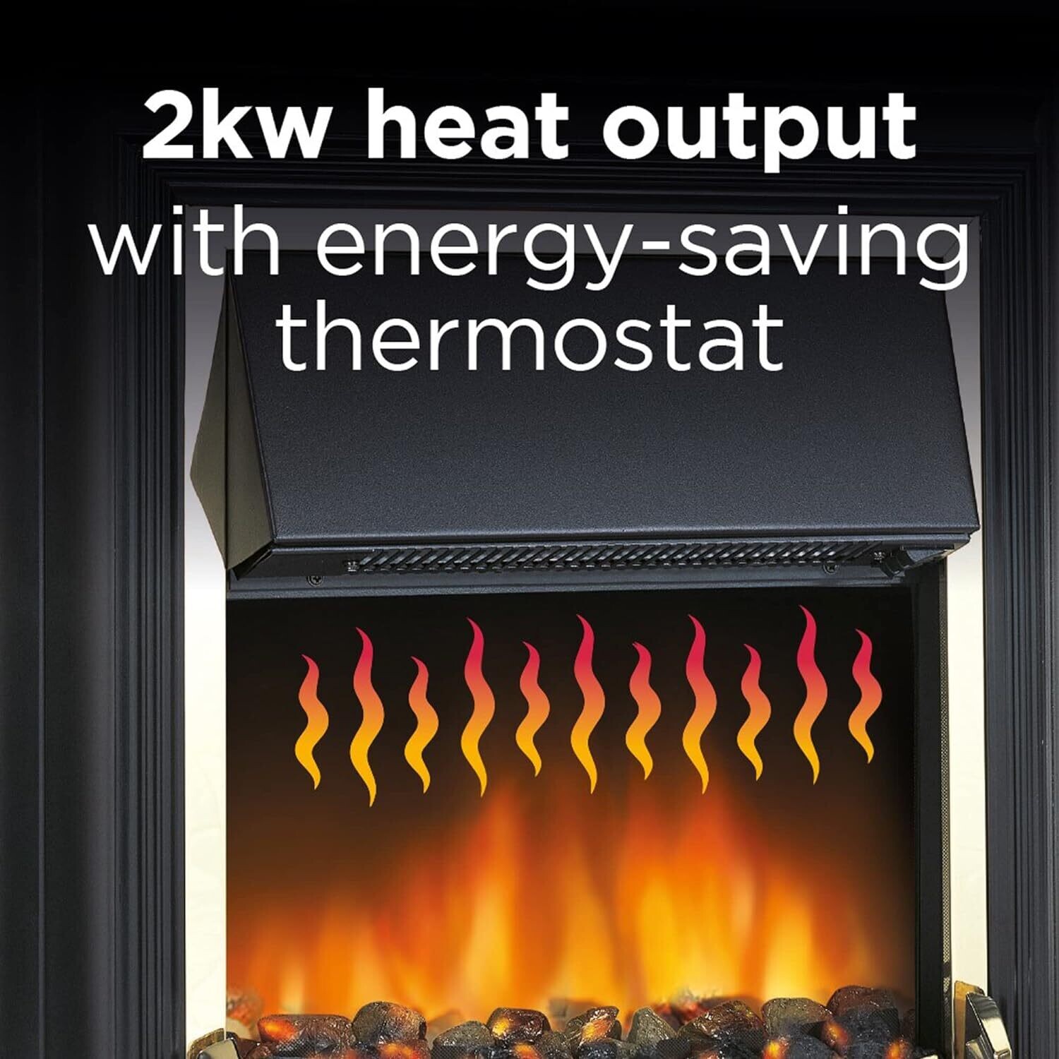 Thermostat and Adjustable 2kW Heater and Contemporary LED Flame Effect with a Choice of Coal or White Pebble