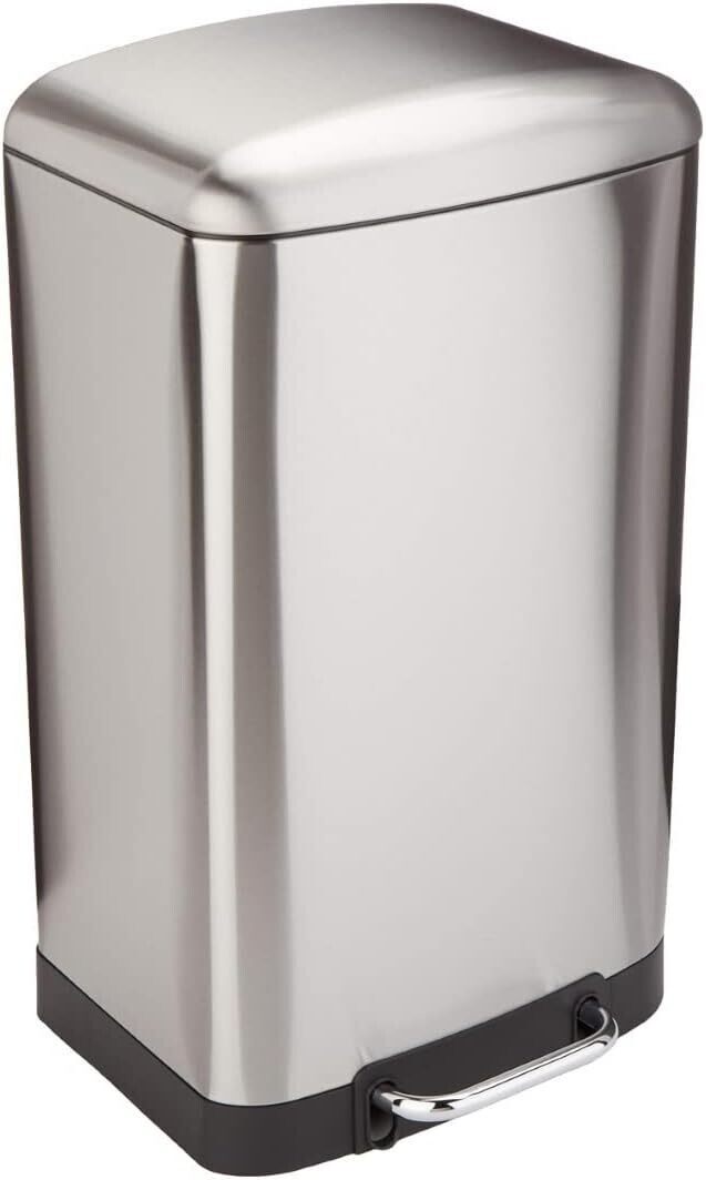 40-liter Stainless Steel Trash Can with Steel Bar Pedal, Soft-closing Mechanism, Rectangular, wide for use in Homes and Offices.