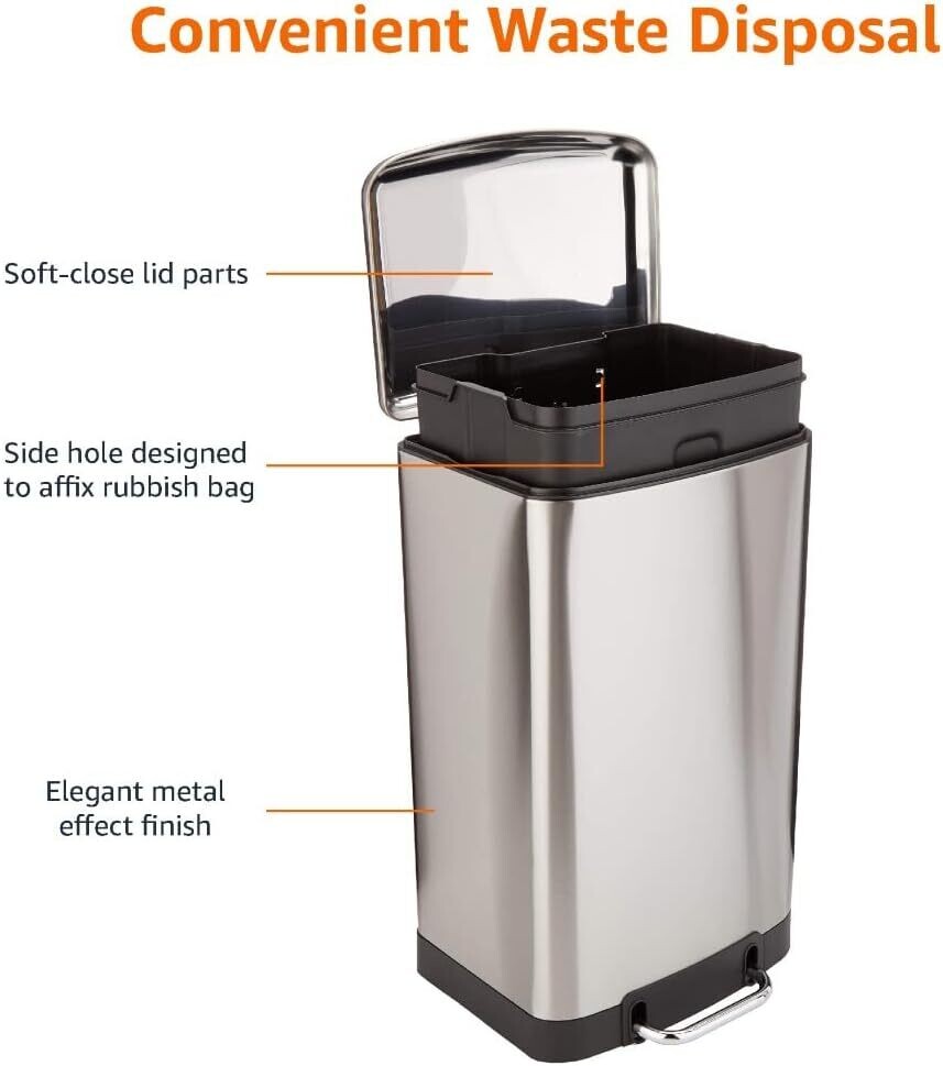 40-Liter Stainless Steel Trash Can with Steel Bar Pedal - Soft-Close Rectangular Design for Home and Office Use - Durable and Space-Saving