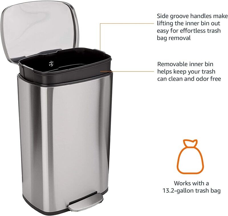 40-liter Stainless Steel Trash Can with Steel Bar Pedal, Soft-closing Mechanism, Rectangular, wide for use in Homes and Offices.