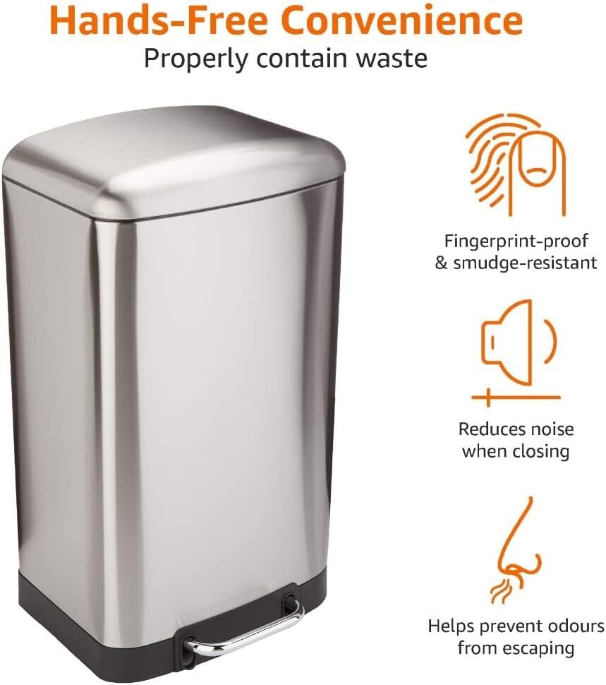 40-Liter Stainless Steel Trash Can with Steel Bar Pedal - Soft-Close Rectangular Design for Home and Office Use - Durable and Space-Saving