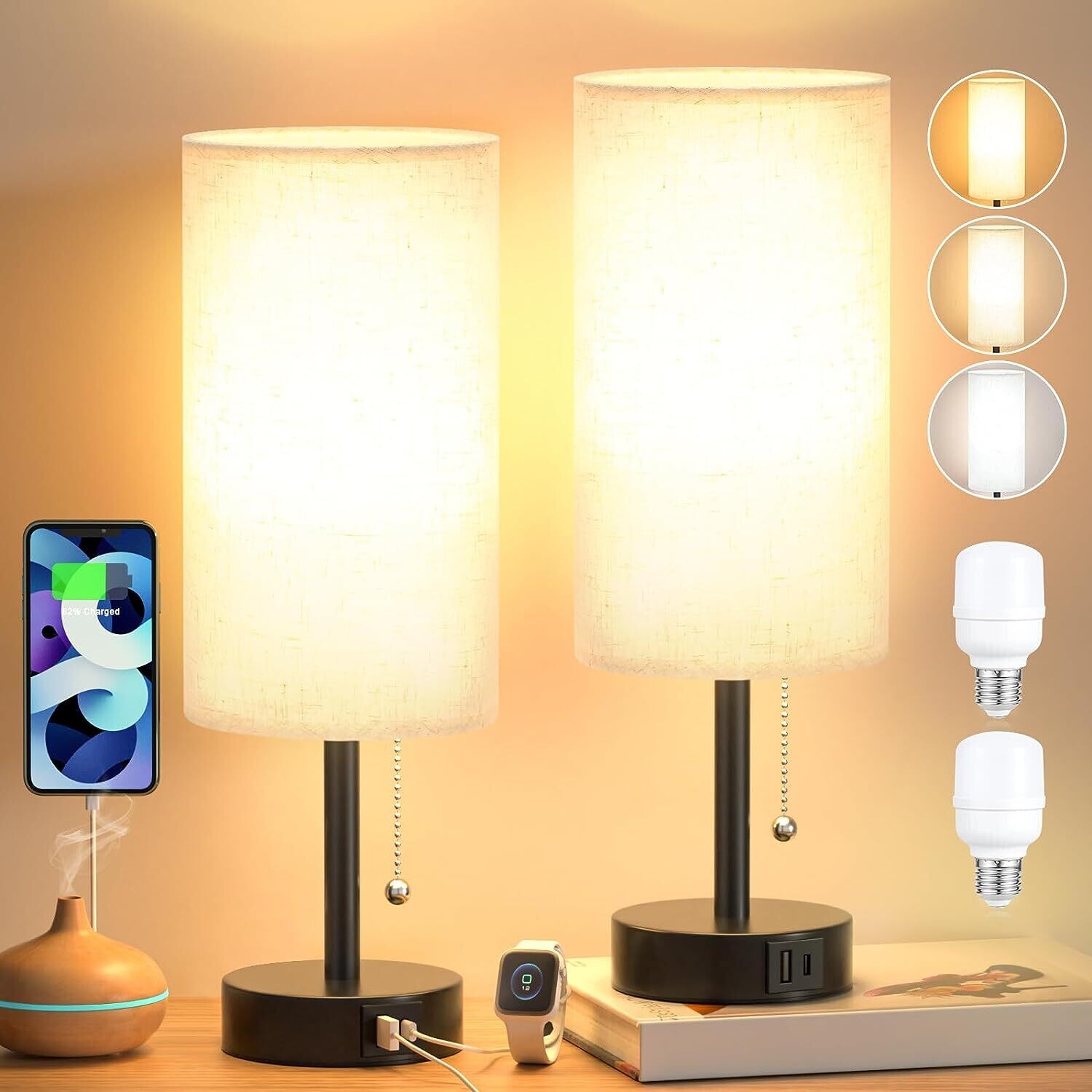 Fully Dimmable Bedside Table Lamp Set of 2 with USB C+A Charging Ports, Knob Switch, and Bulbs Included for Bedroom, Living Room, and Office Use